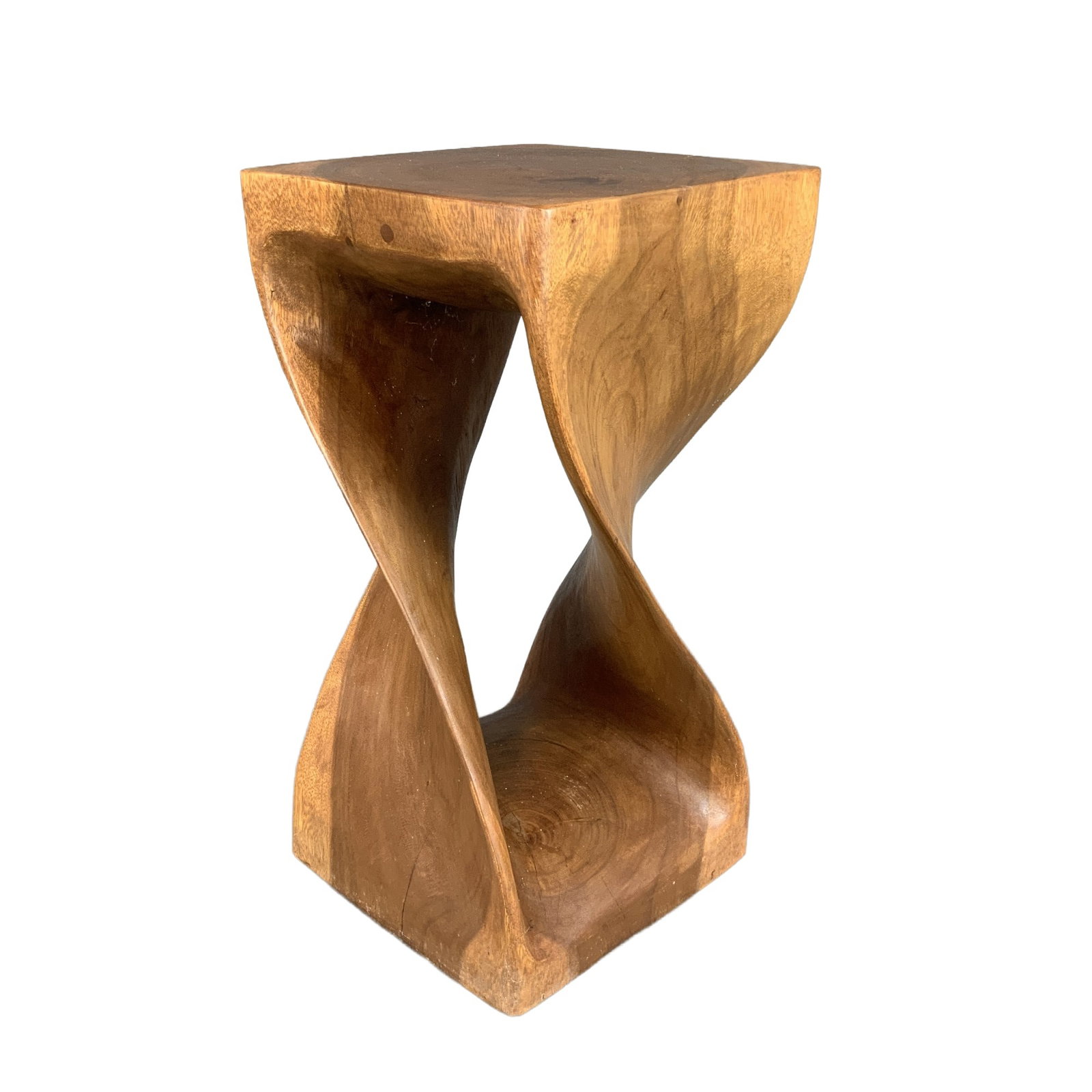 Solid Wood Modernist Style Hand-Carved Twist Table: This hand-carved accent table is constructed from a solid block of wood, featuring a modernist double-helix twist design. The form consists of a square top and matching square base, with the central s