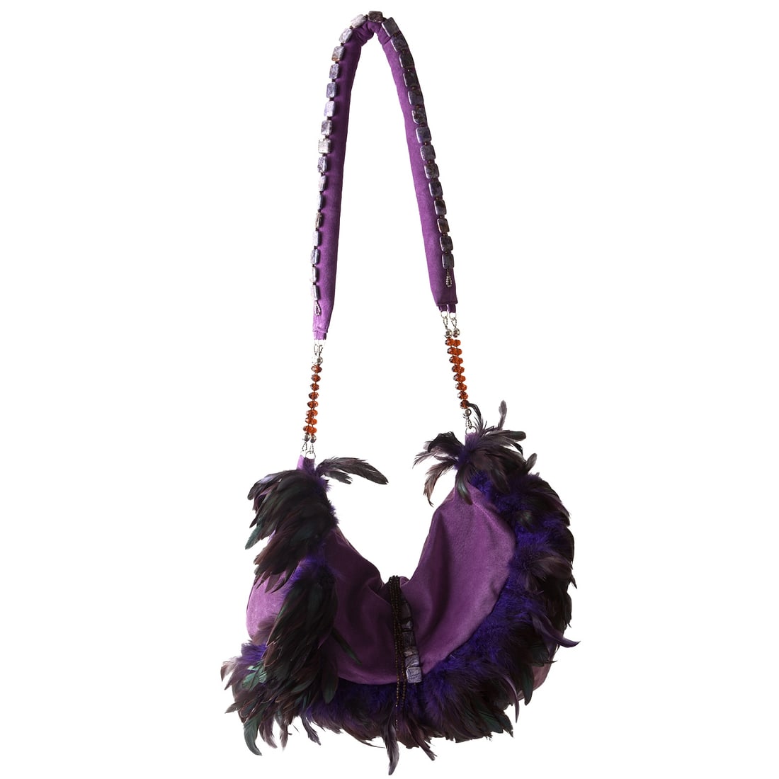 Irene Marie Angel Bag Toni Precious Super Leather Bag: One-of-a-kind, unique creation, couture purple suede Precious handbag with purple iridescent Schlappen feathers and an amethyst and crystal handle. Lining with purple rayon taffeta. Handle is purple 2