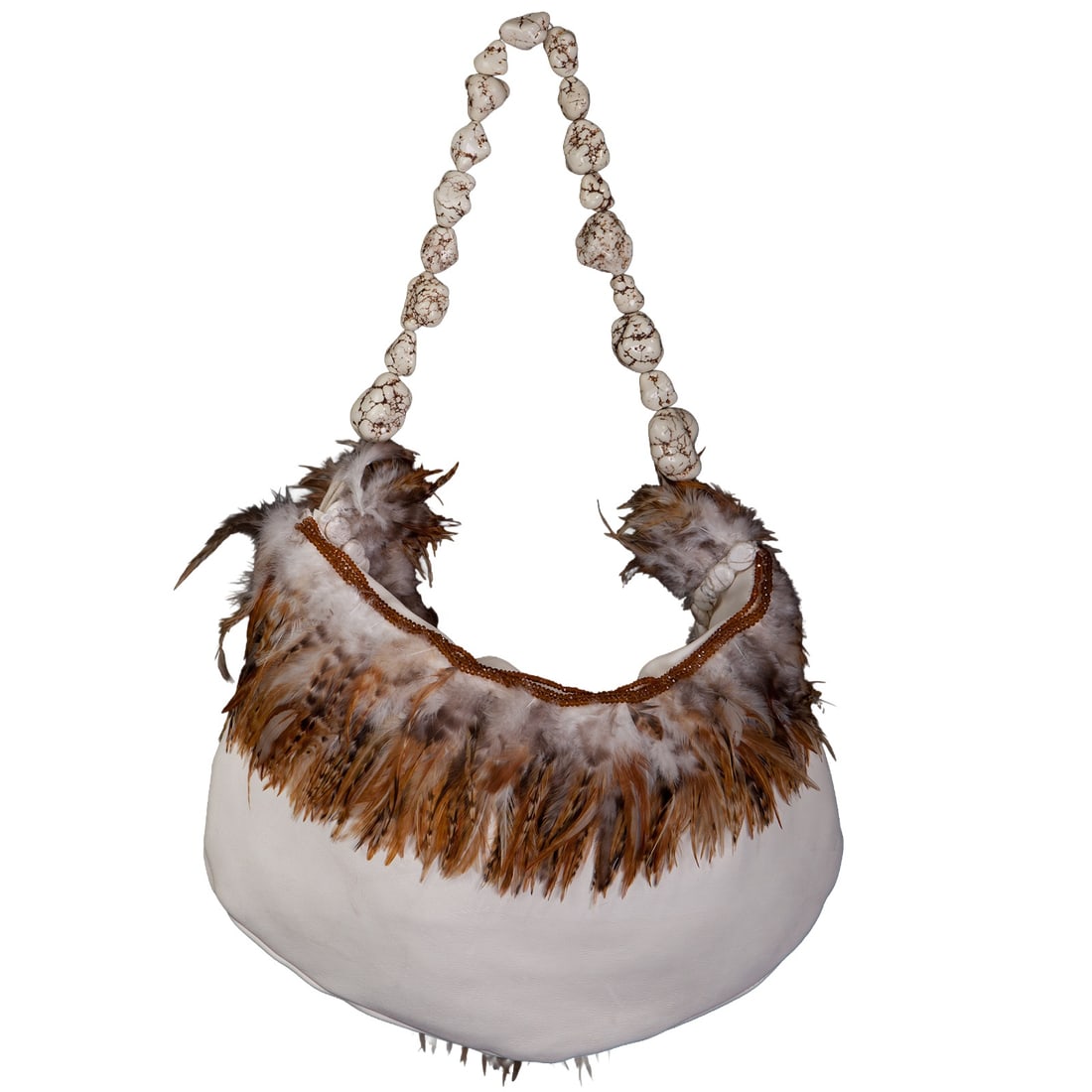Irene Marie Angel Bag, Toni Precious Grande Leather: One-of-a-kind, unique creation, couture white deerskin leather precious handbag with natural pheasant feathers and white turquoise handle. Handle White 40mm rock turquoise stones with 16 x 20 white ov