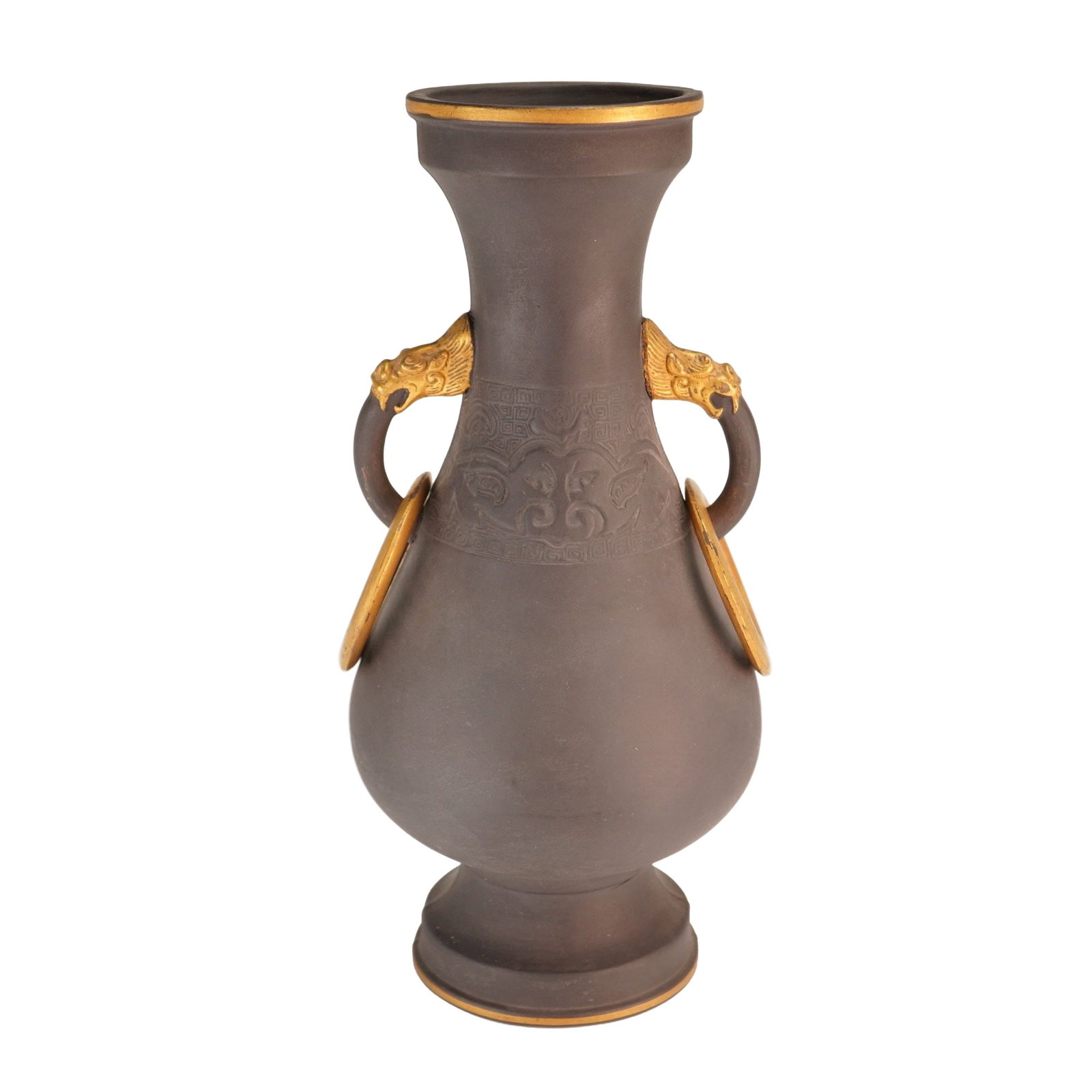 Wedgwood Black Basalt Gilt-Decorated Archaic Style Double-Handled Vase with Rings: This Wedgwood black basalt stoneware vase is modeled in the archaic Chinese Hu form, featuring a flared neck and bulbous body supported by a circular pedestal foot. The vessel is flanked by two handle