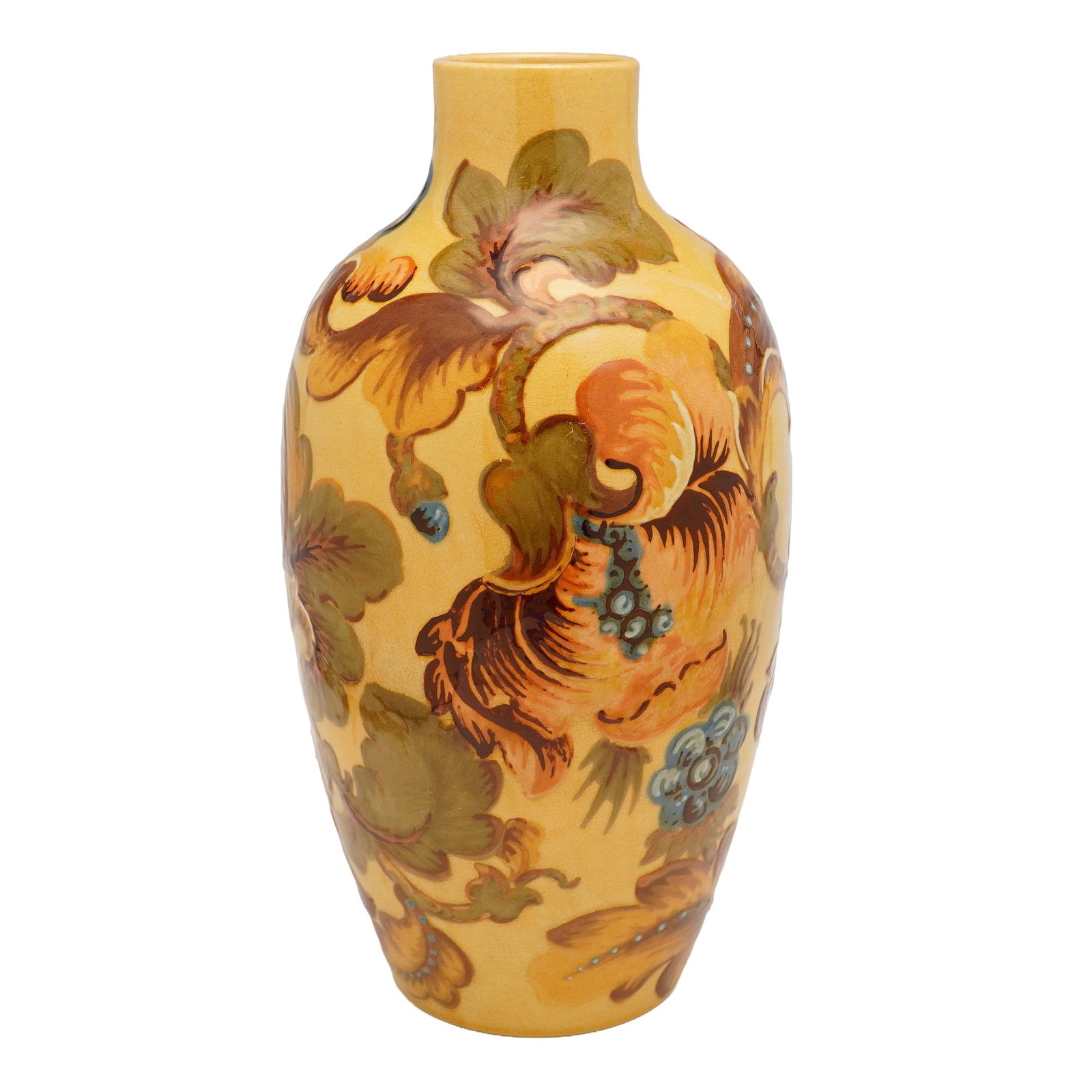 Wedgwood Hand-Painted Stoneware Low Relief Flower Decorated Vase: This Wedgwood stoneware vase is designed in an ovoid form with a short neck and a circular rim. The piece features a mustard-yellow ground with a hand-painted foliate and floral pattern. The decoratio