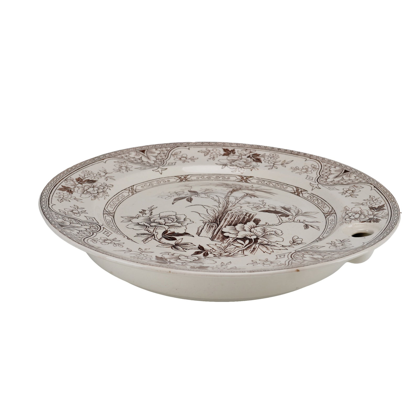 Wedgwood Brown Transferware Hot Water Warming Plate, Nankin Pattern: This mid-19th-century earthenware warming plate, also known as a hot water plate, features a monochrome brown transfer-printed design in the Nankin pattern. The hollow-bodied vessel is designed with a