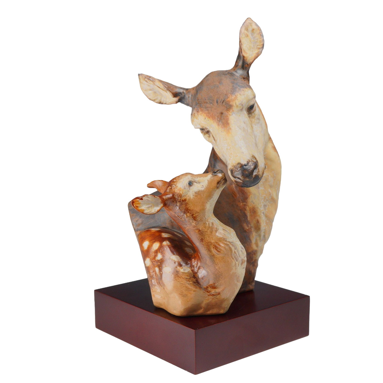 Lladro Forest Born Gres Porcelain Figurine 12191 with Base and Box: This Lladro gres porcelain figurine, titled Forest Born and cataloged as model number 12191, depicts a mother deer and her fawn in a tender, nuzzling pose. The sculpture is executed in the gres style,