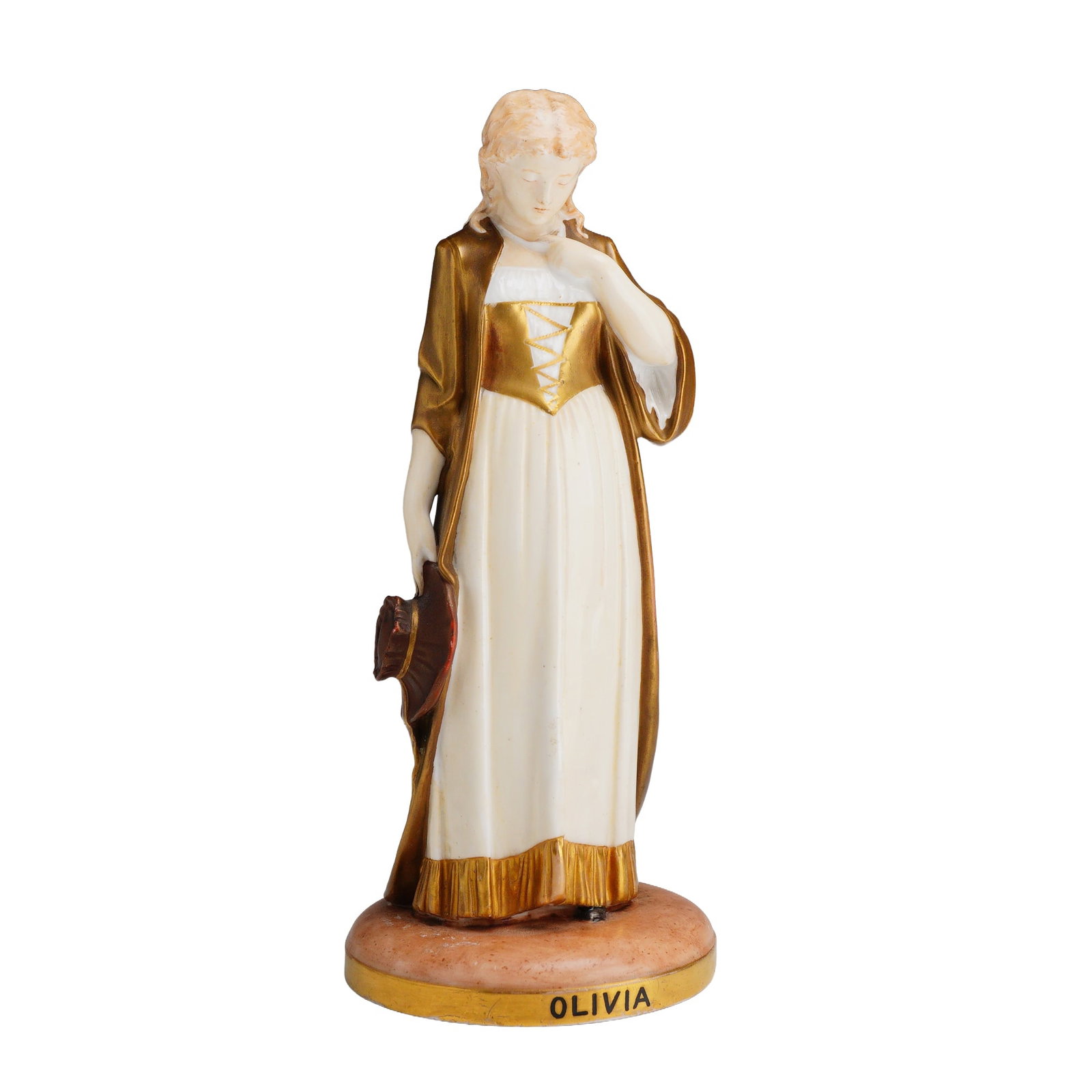 Wedgwood Bronzed and Enameled Porcelain Figurine, Olivia: This Wedgwood bone china figurine, titled Olivia, features hand-enameled decoration and gilt accents. The figure depicts a woman in a standing pose, wearing a cream-colored gown with a gold-laced bodi