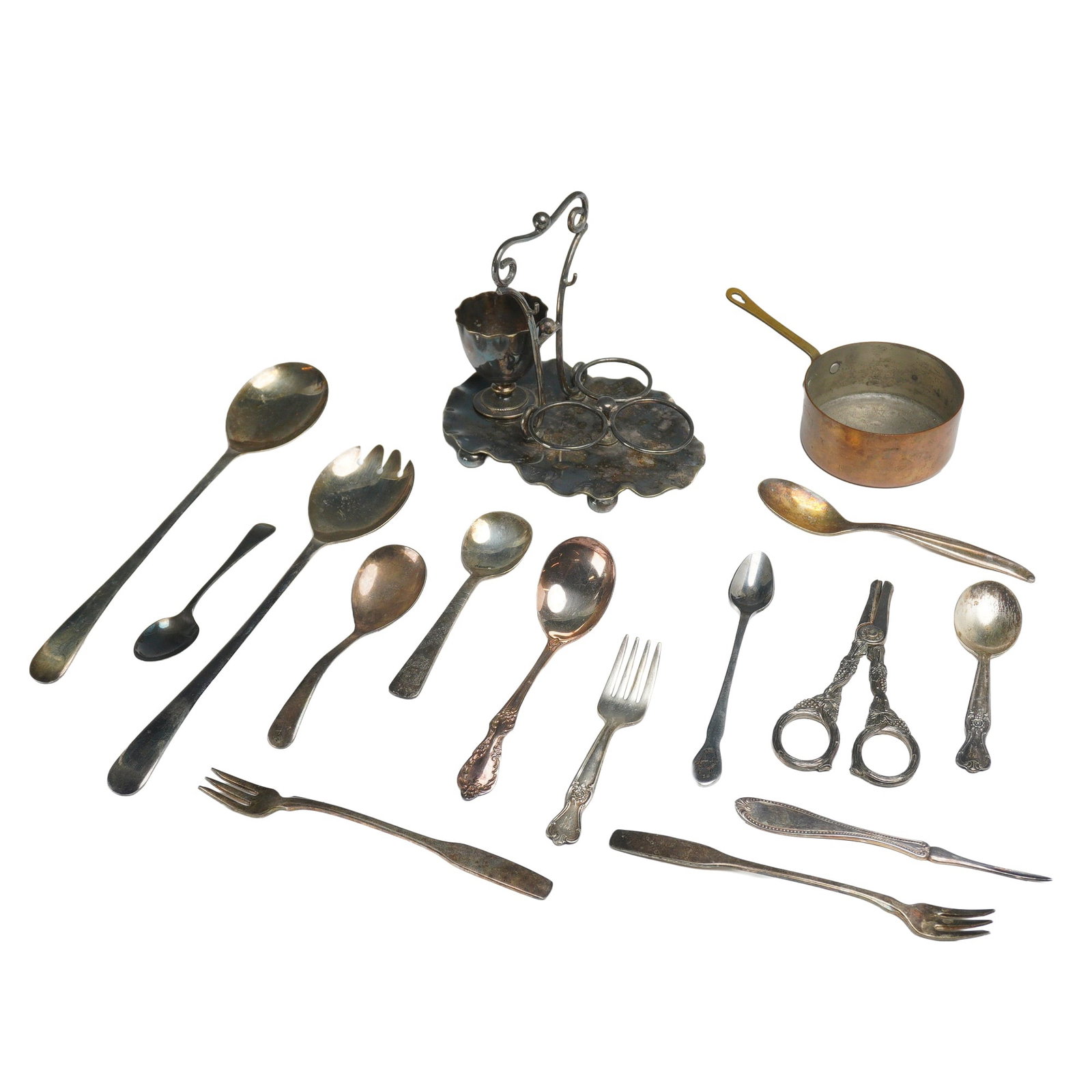 17 Pieces of Assorted Metal Items Including a James Deakin and Sons Silver-Plated Cruet Set,: This lot comprises 17 pieces of assorted metal items featuring a variety of silver-plated tablewares and a copper vessel. The collection includes a silver-plated egg cruet stand manufactured by James 