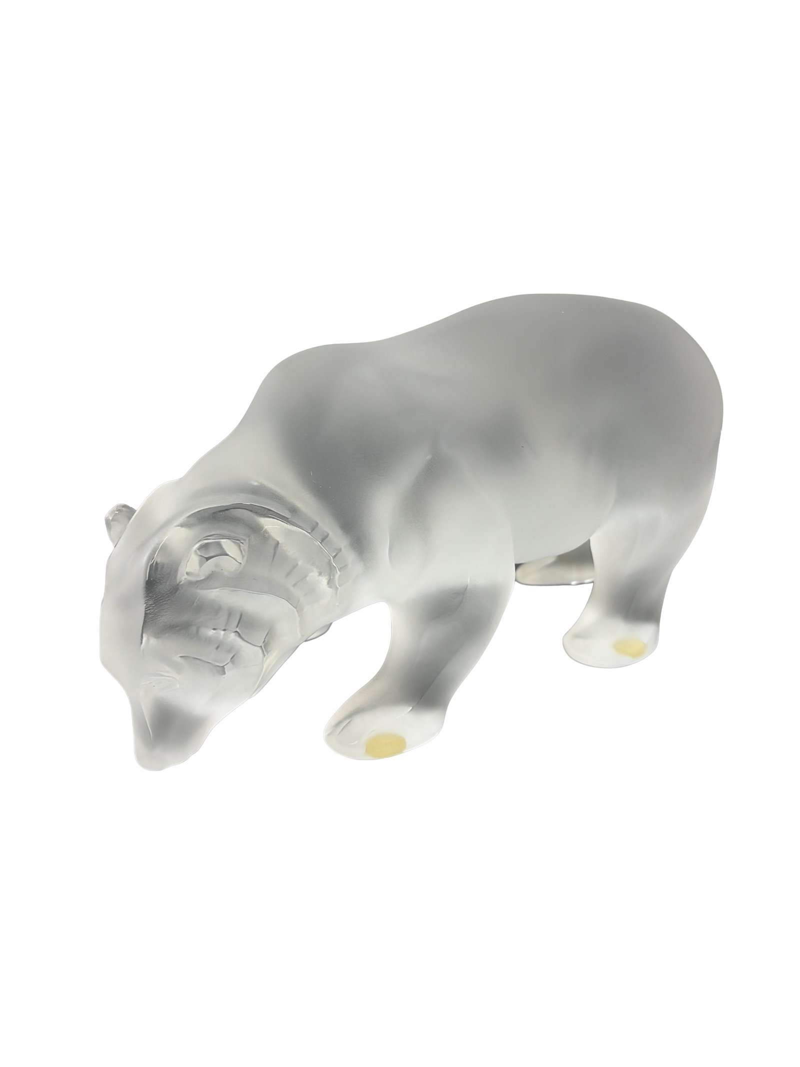 Lalique French Frosted Crystal Bear Figurine: Lalique, France. A frosted and clear lead crystal figurine depicting a bear in a walking pose. The stylized figure features a satin-finished body contrasted with polished clear crystal accents at the 