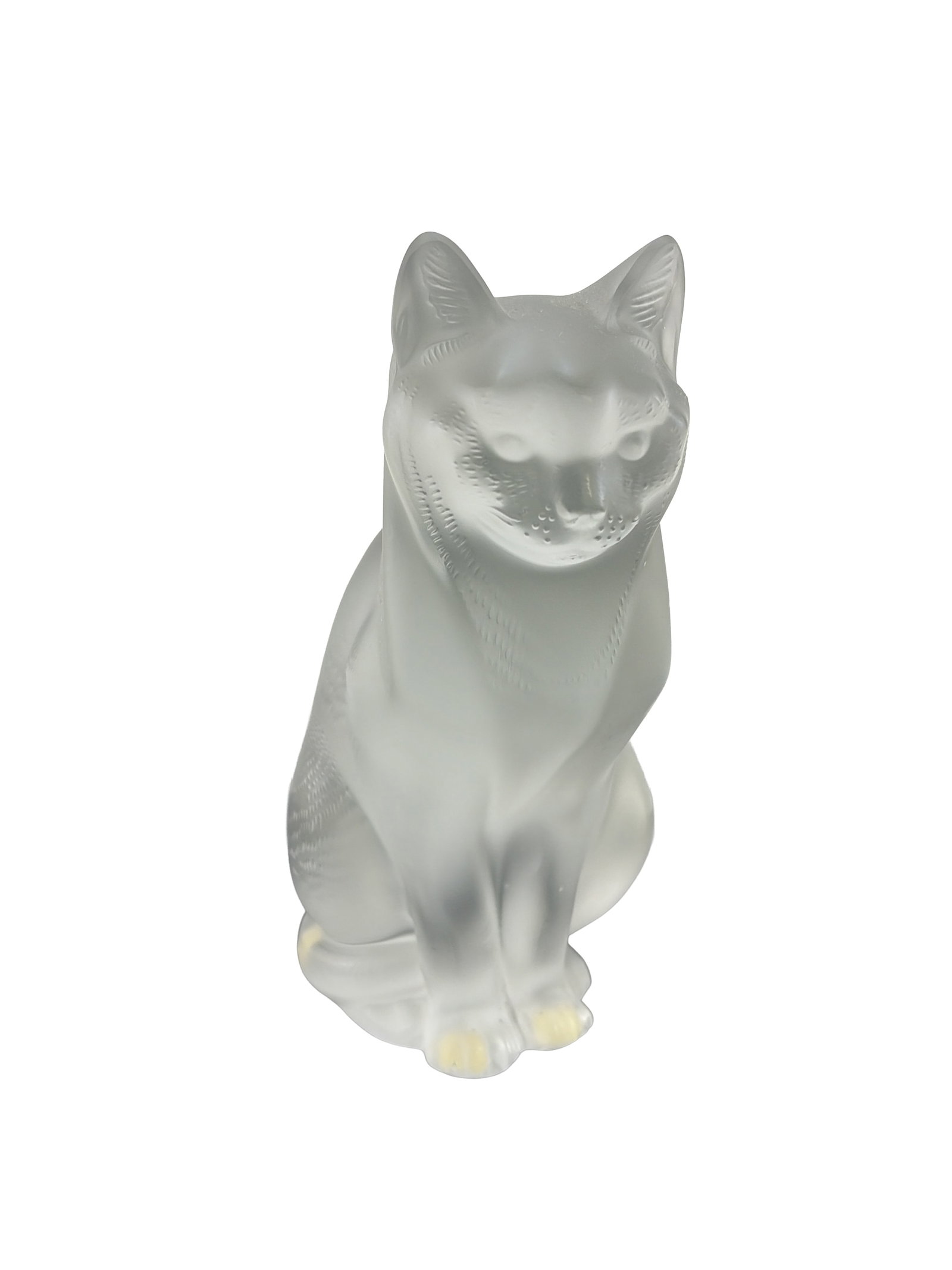 Lalique Frosted Crystal Seated Cat Figurine: Lalique France frosted crystal figurine of a seated cat, featuring textured coat details and an etched signature Lalique France to the base with a Lalique Paris side label and a paper label numbered 1