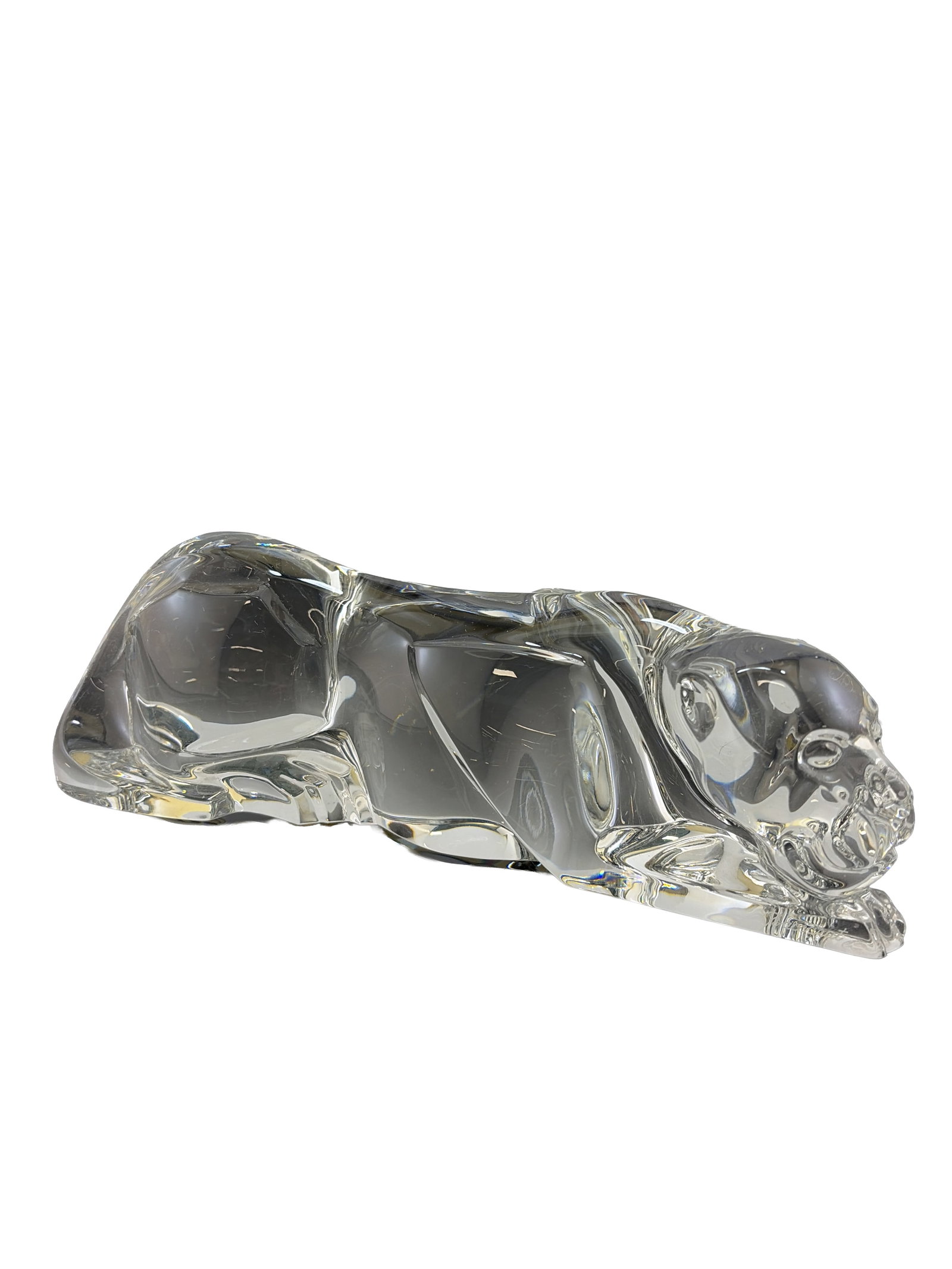 Baccarat French Crystal Lioness Figurine: A vintage Baccarat French crystal figurine of a reclining lioness. Features an acid Baccarat mark on the bottom. Circa the late 20th century. Dimensions: 3.25"H Weight: 4lbs 15oz