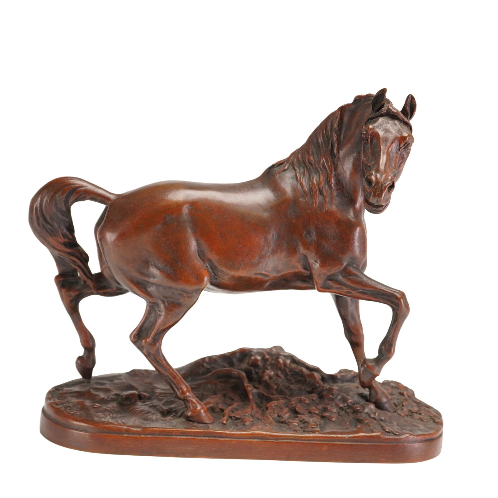 Afrer Pierre-Jules Mene (French, 1810-1879), Bronze Sculpture of a Horse, Djinn: This bronze sculpture, titled Djinn, is after the renowned French Animalier artist Pierre-Jules Mene. The work depicts a spirited Arabian horse captured in a walking or prancing gait, with its head tu