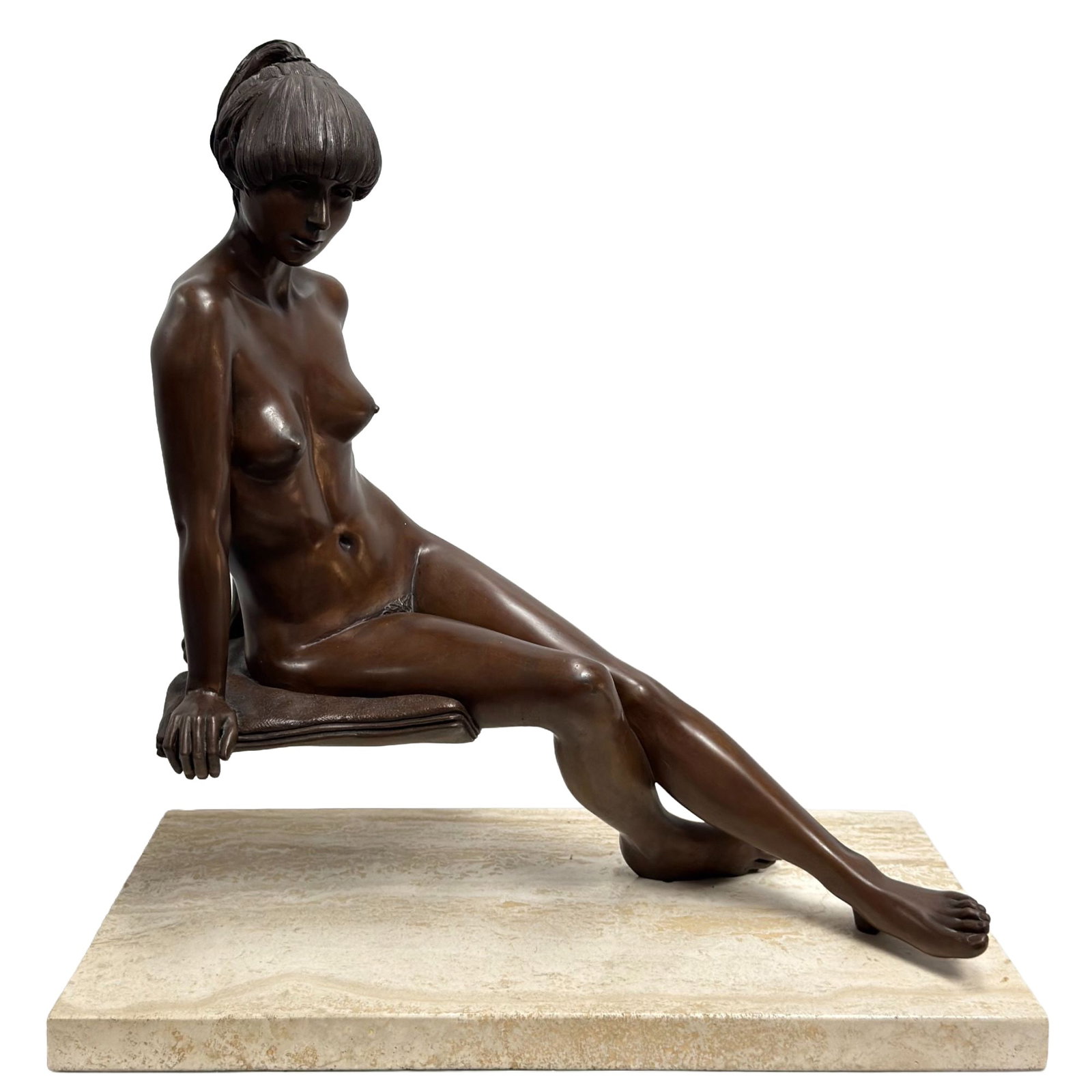 Isidore Margulies Joan I Bronze Sculpture: This contemporary figurative bronze sculpture is the work of Isidore Margulies (Austrian/American, 1921-2008) and is titled Joan I. Executed in a realist style, the sculpture depicts a seated nude fem