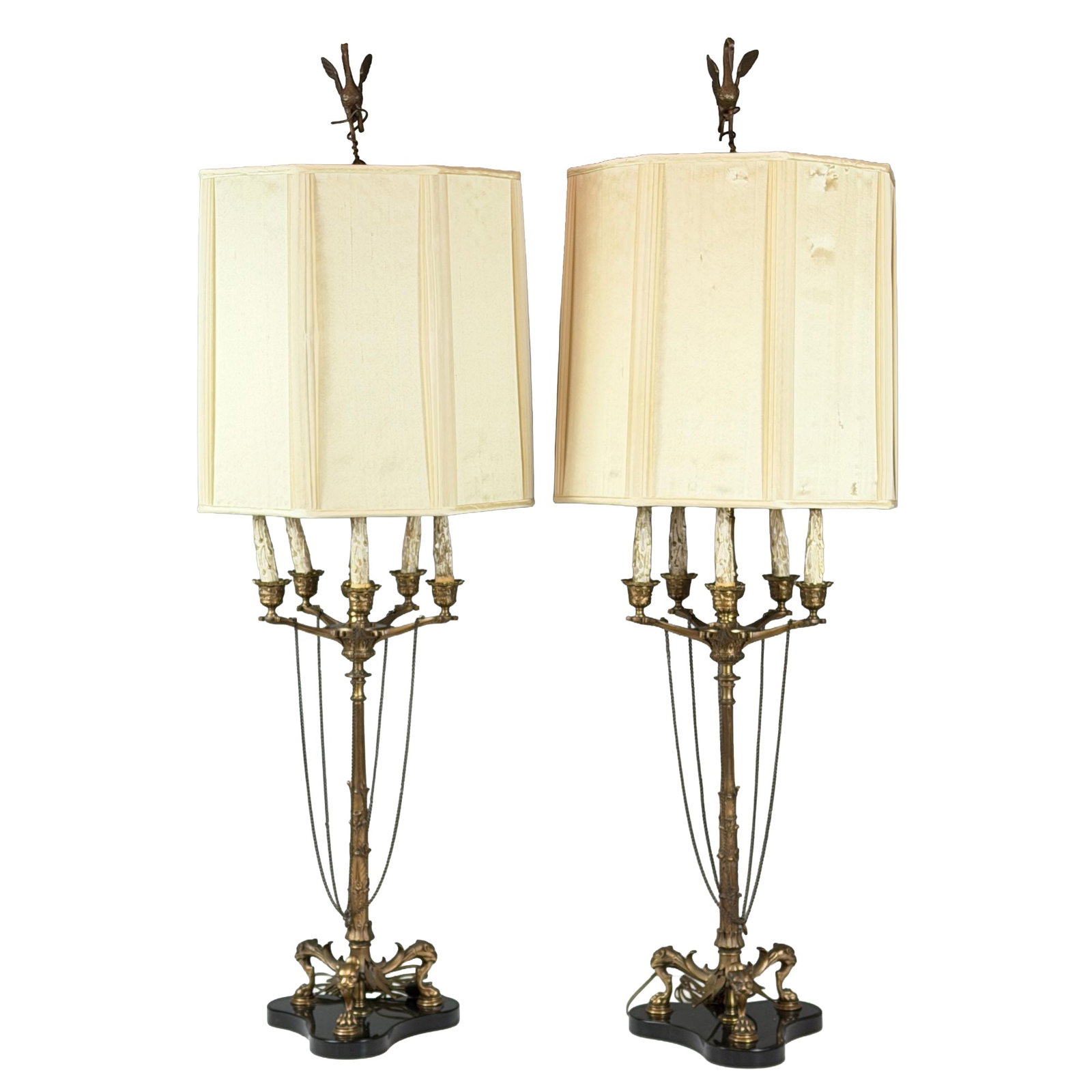 A Pair of Antique Neoclassical Style Gilt Bronze Table Lamps with Big Cat Feet and Stork Finials (1 of 6)