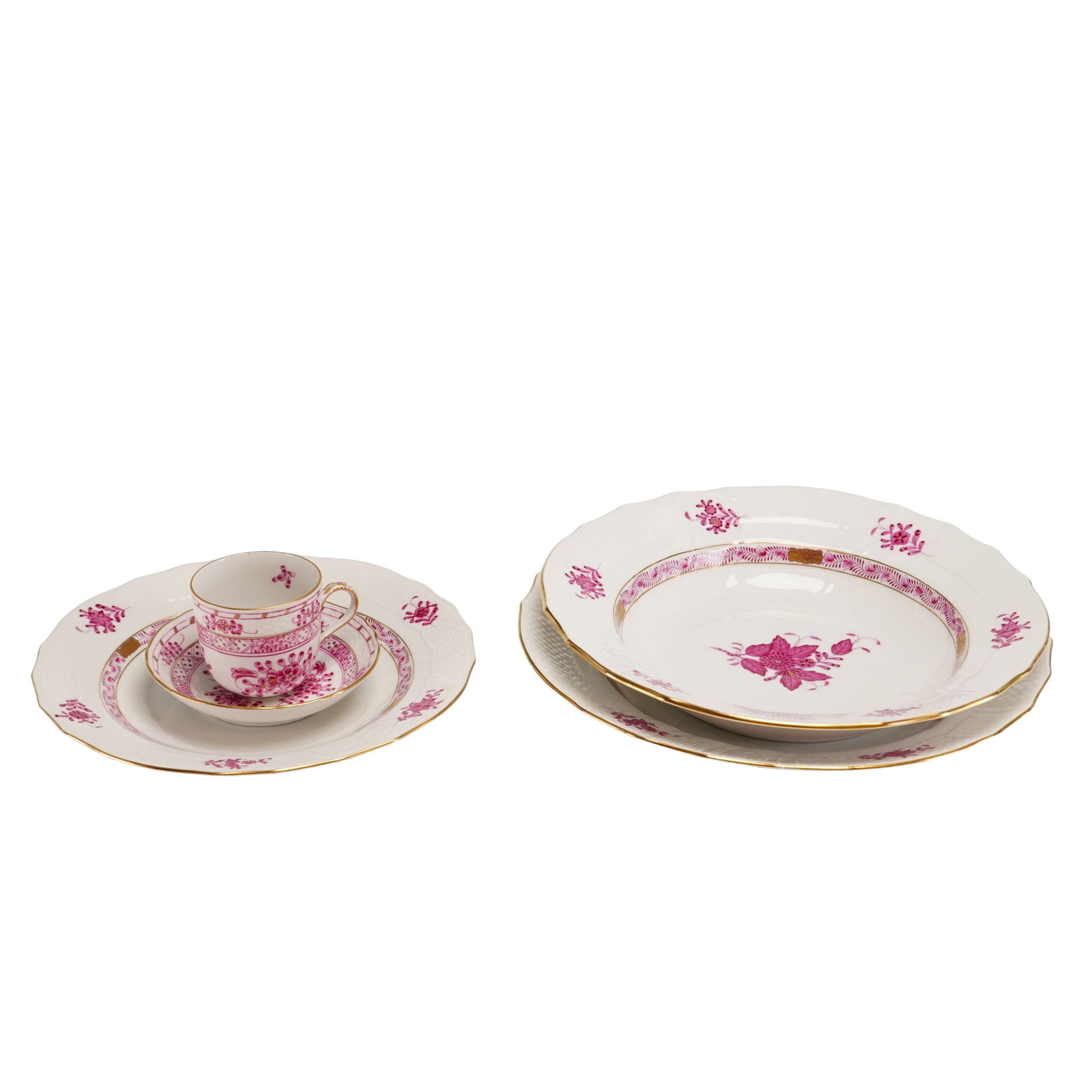 5pc Herend Apponyi Pink Hand-Painted Porcelain Place Setting: This hand-painted porcelain five-piece place setting was produced by the Herend Porcelain Manufactory in Hungary. The set is decorated in the Apponyi Pink pattern, also referred to as Chinese Bouquet 