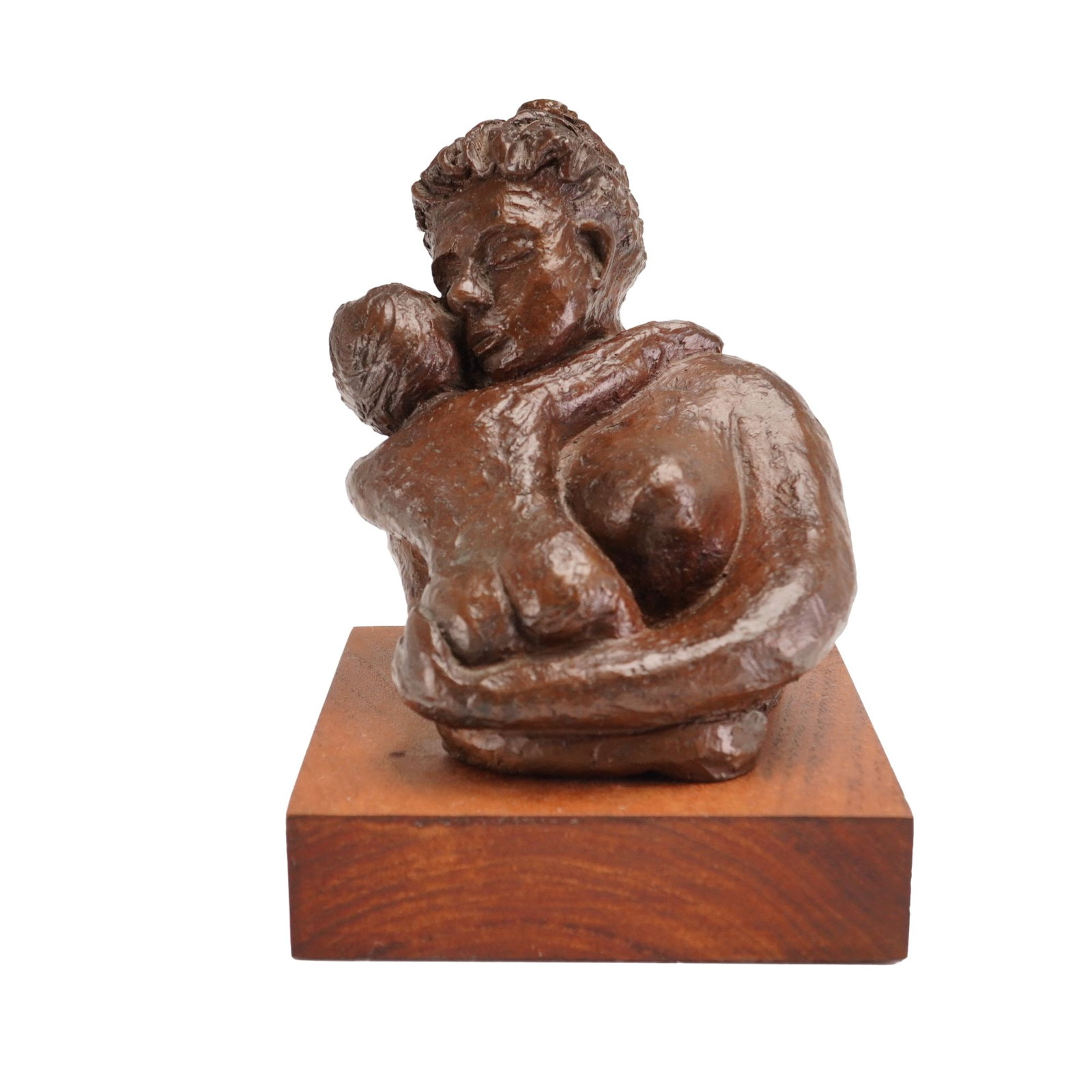 Hari (20th Century), Mother and Child, Bronze Sculpture: This modernist bronze sculpture by the artist Hari depicts a mother and child in an intimate, bust-length composition. The figures are captured in a close embrace, with the child nestled against the m