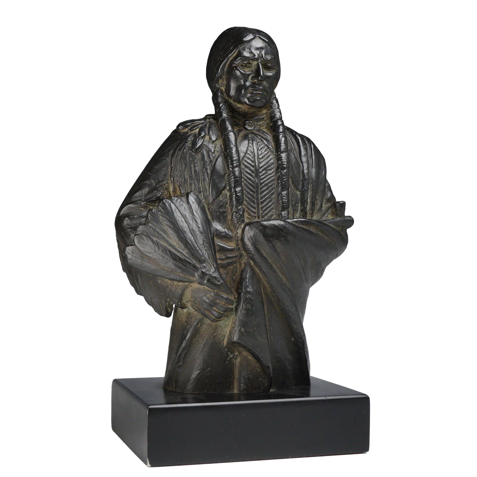 Joseph Lorkowski Boulton, Bronze Bust of a Native American Man: This bronze sculpture is the work of American artist Joseph Lorkowski Boulton (1896-1981). The bust depicts a Native American man in a realistic Western art style. The subject is portrayed with a stoi