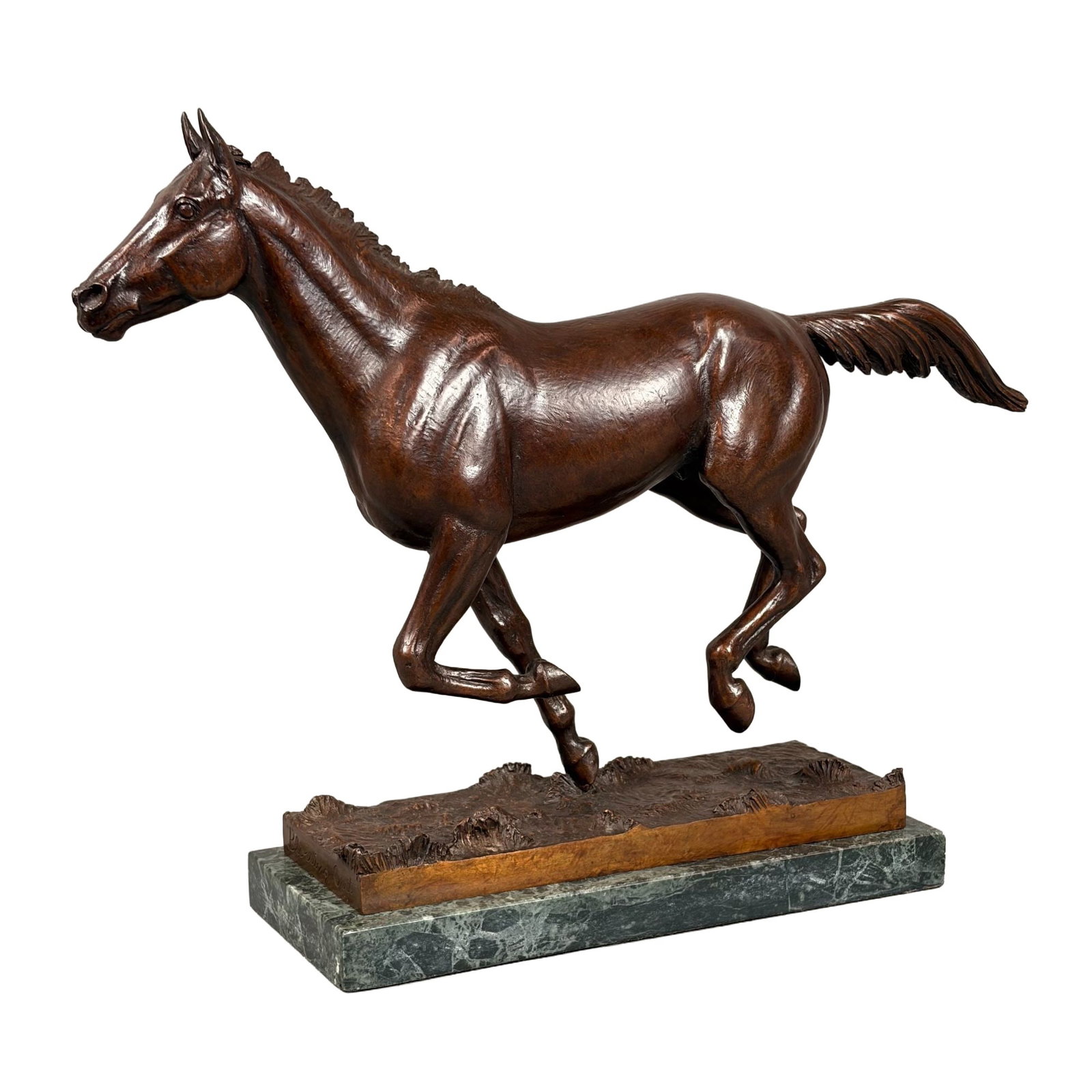 Marilyn Newmark (American, 1928-2013), Blowing Out, Bronze Horse Sculpture: This bronze sculpture by American artist Marilyn Newmark (1928"2013) depicts a horse in a galloping pose with realistic anatomical detail. The work is finished with a reddish-brown patina and set on a