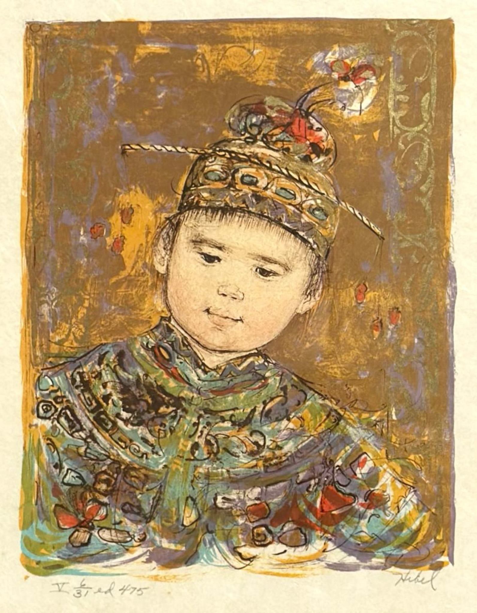 Edna Hibel Signed Limited Edition Lithograph Chinese Boy: This color lithograph by American artist Edna Hibel (1917-2014) is titled Chinese Boy. The work features a stylized portrait of a young child wearing an ornate, patterned costume and a decorative head