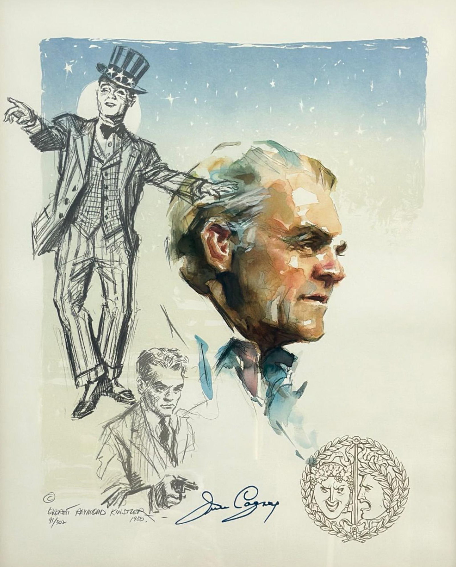 Everett Raymond Kinstler (American, 1926-2019) Signed and Numbered James Cagney Lithograph: This original multiprocess lithograph on Rives paper, dated 1980, is by artist Everett Raymond Kinstler and features a montage of portraits depicting the actor James Cagney. The composition centers on
