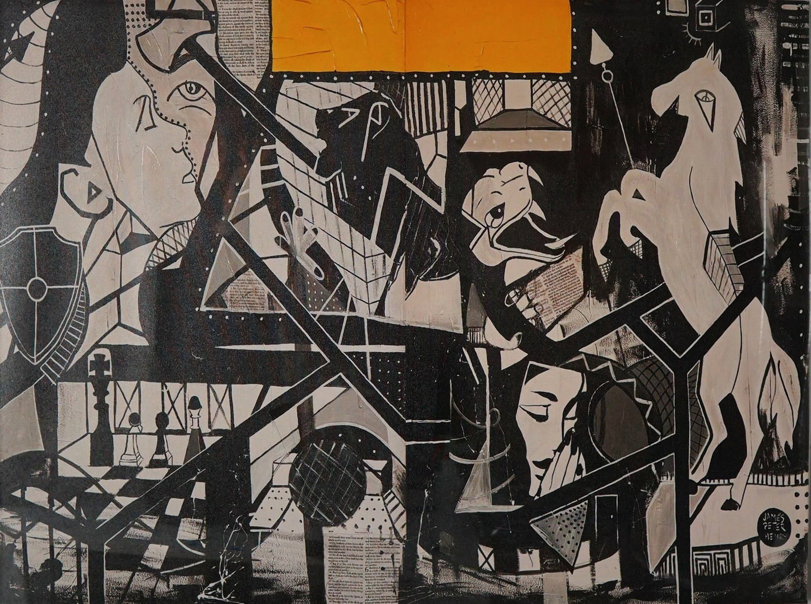 James Peter Henry (Australian/American, Contemporary), Mixed Media on Canvas in Acrylic Gallery: A powerful and visually arresting work by contemporary artist James Peter Henry, Spiritual Warfare exemplifies the artist's distinctive fusion of abstracted figuration, rhythmic linework, and symbolic