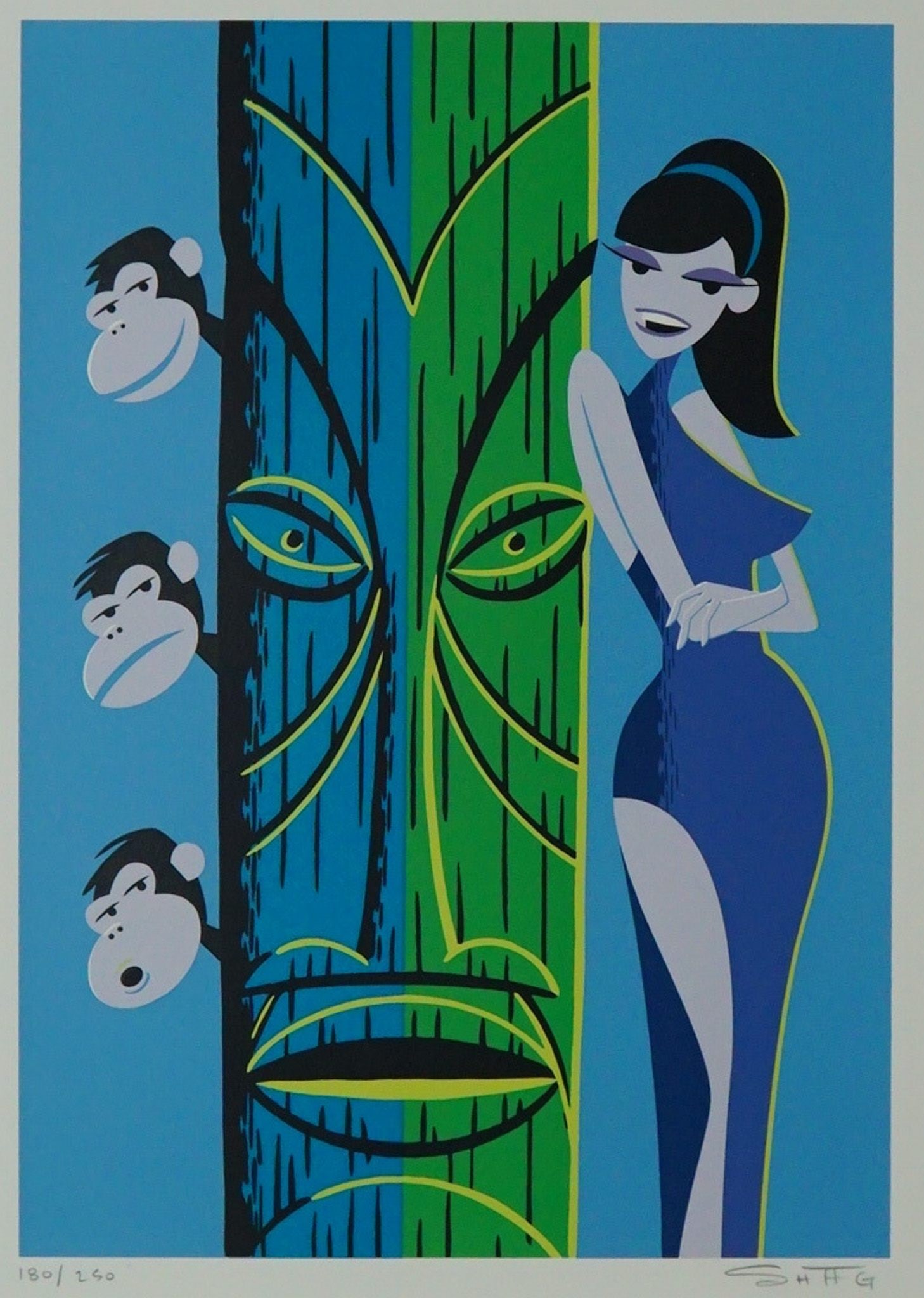 Josh Agle - Shag (American, b. 1962) Serigraph, Woman on a Tiki: A quintessential example of Josh Agle's instantly recognizable visual world, Woman on a Tiki showcases the artist's signature blend of mid'century modern aesthetics, bold color palettes, and playful n