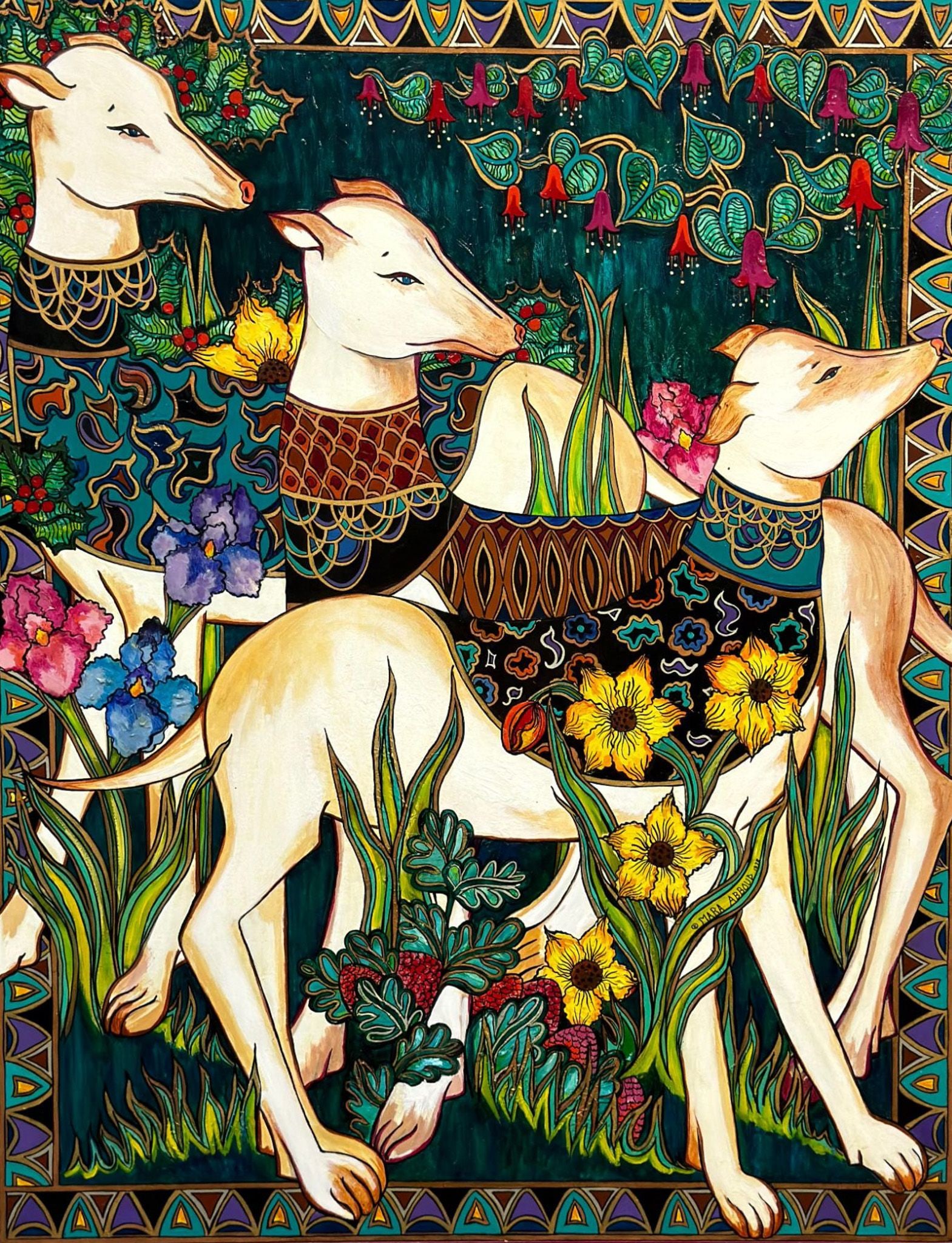 Mara Abboud (American, b. 1949), Persian Hounds, 1978: This original large-scale acrylic painting on stretched canvas is by American artist Mara Abboud and is titled Persian Hounds. The composition features three stylized, cream-colored dogs resembling si