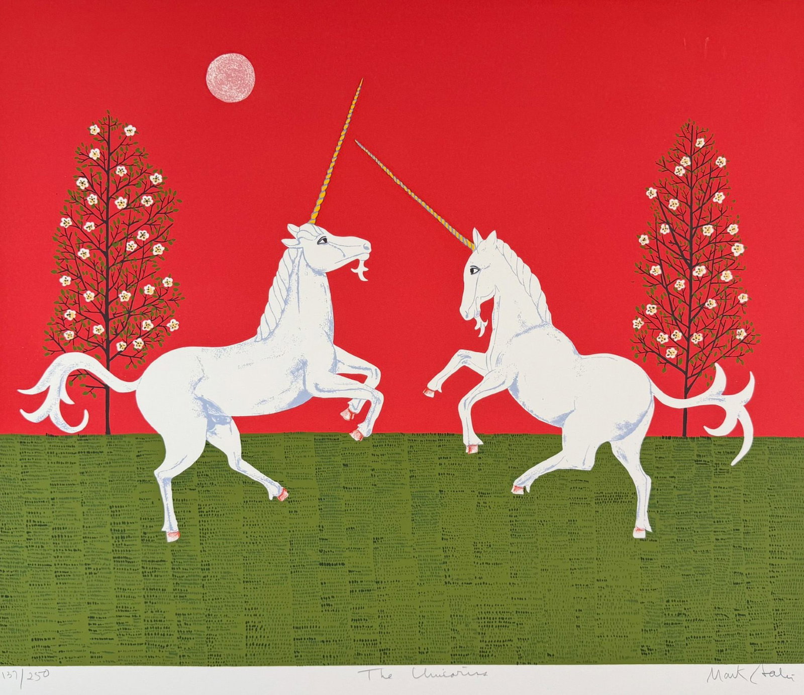 Mark Sabin (American 1936) Screenprint Unicorn signed: Screenprint titled Unicorn Year 1980 Signed lower right numbered 137/250 Sight size 30 x 26 Dimensions: See Description.