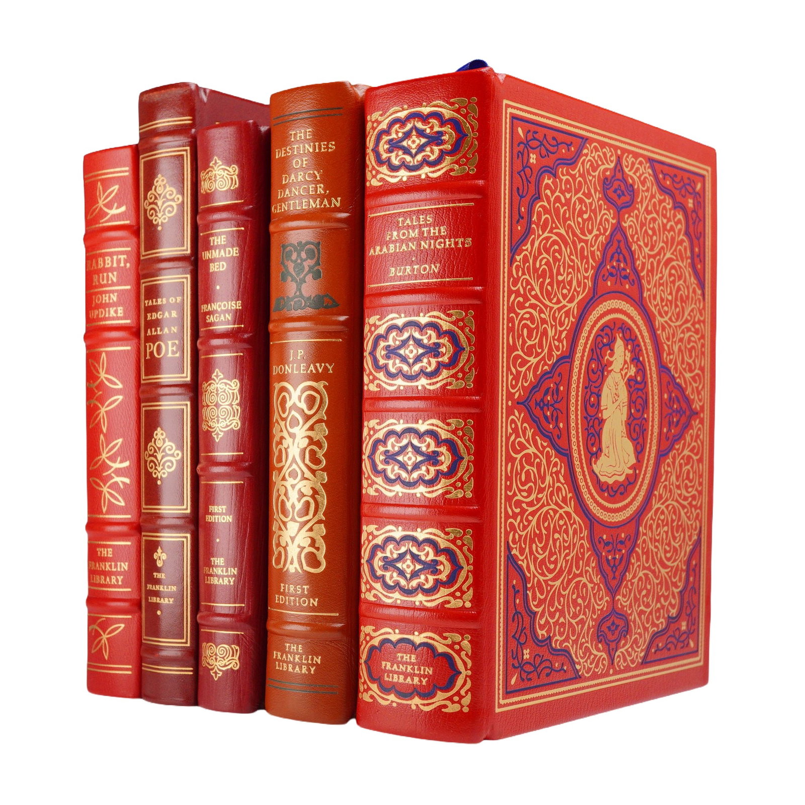 5pc Collection of Franklin Library Leather-Bound Volumes, Signed by John Updike: This lot features five hardcover volumes from The Franklin Library, each bound in premium full leather with ornate 22kt gilt decoration. The collection is led by a limited edition of Rabbit, Run by Jo
