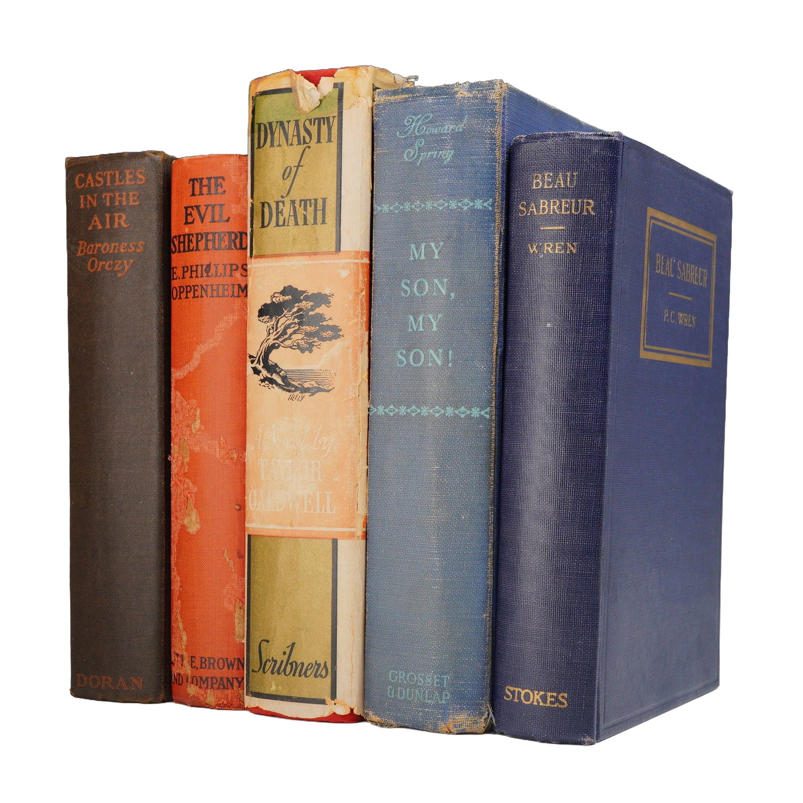 A Collection of 5 Vintage Hardcover Novels by Taylor Caldwell, Baroness Orczy, and Others. (DJ): An assortment of five vintage octavo-sized hardcover books from the early to mid-20th century. The collection includes Taylor Caldwell, Dynasty of Death, Charles Scribner's Sons, 1938; Baroness Orczy,
