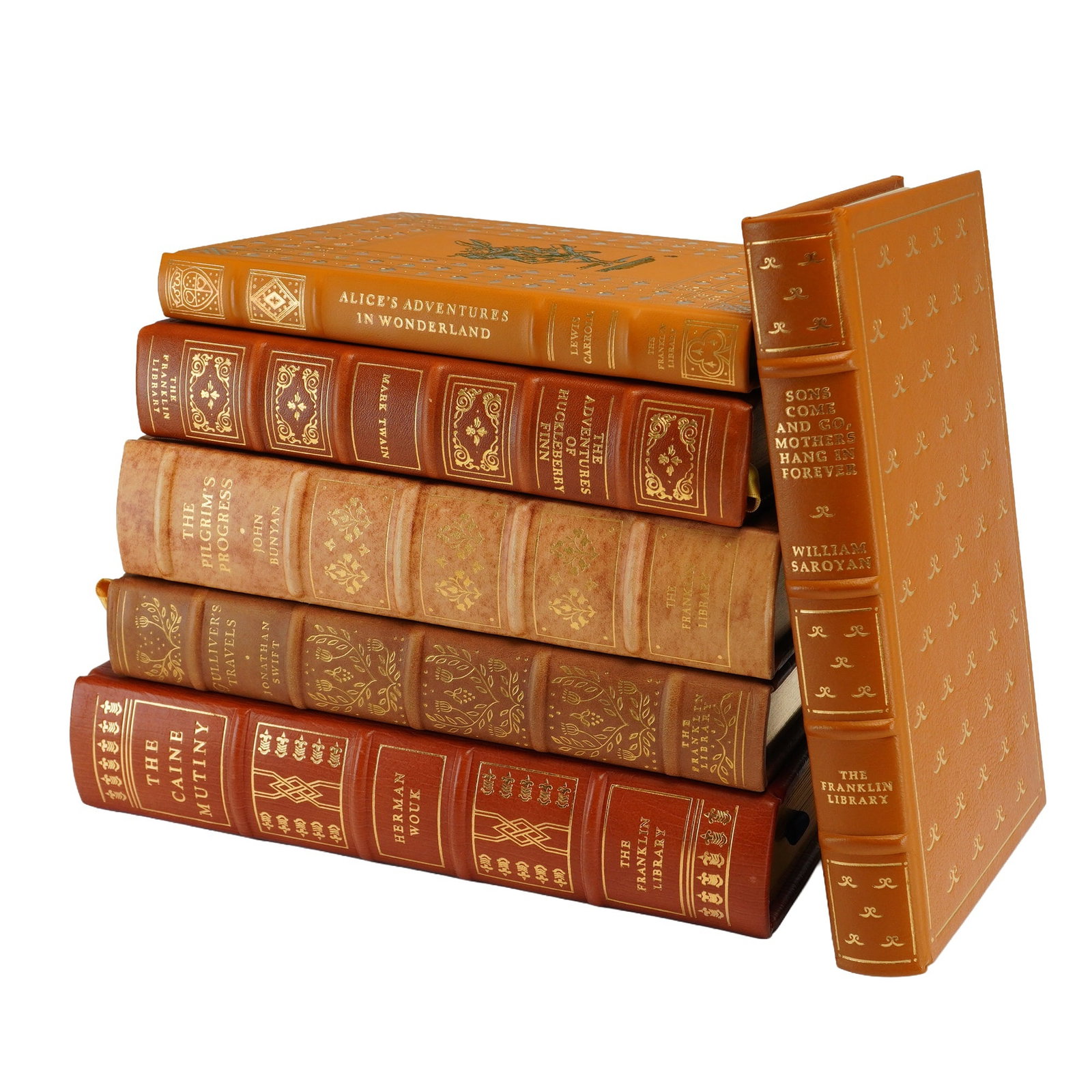 6pc Set of Franklin Library Leather-Bound Classics. 1975-1980, Signed by Herman Wouk: A collection of six hardcover volumes published by The Franklin Library, Franklin Center, Pennsylvania, as part of their premium leather-bound series. The titles included are Alice's Adventures in Won