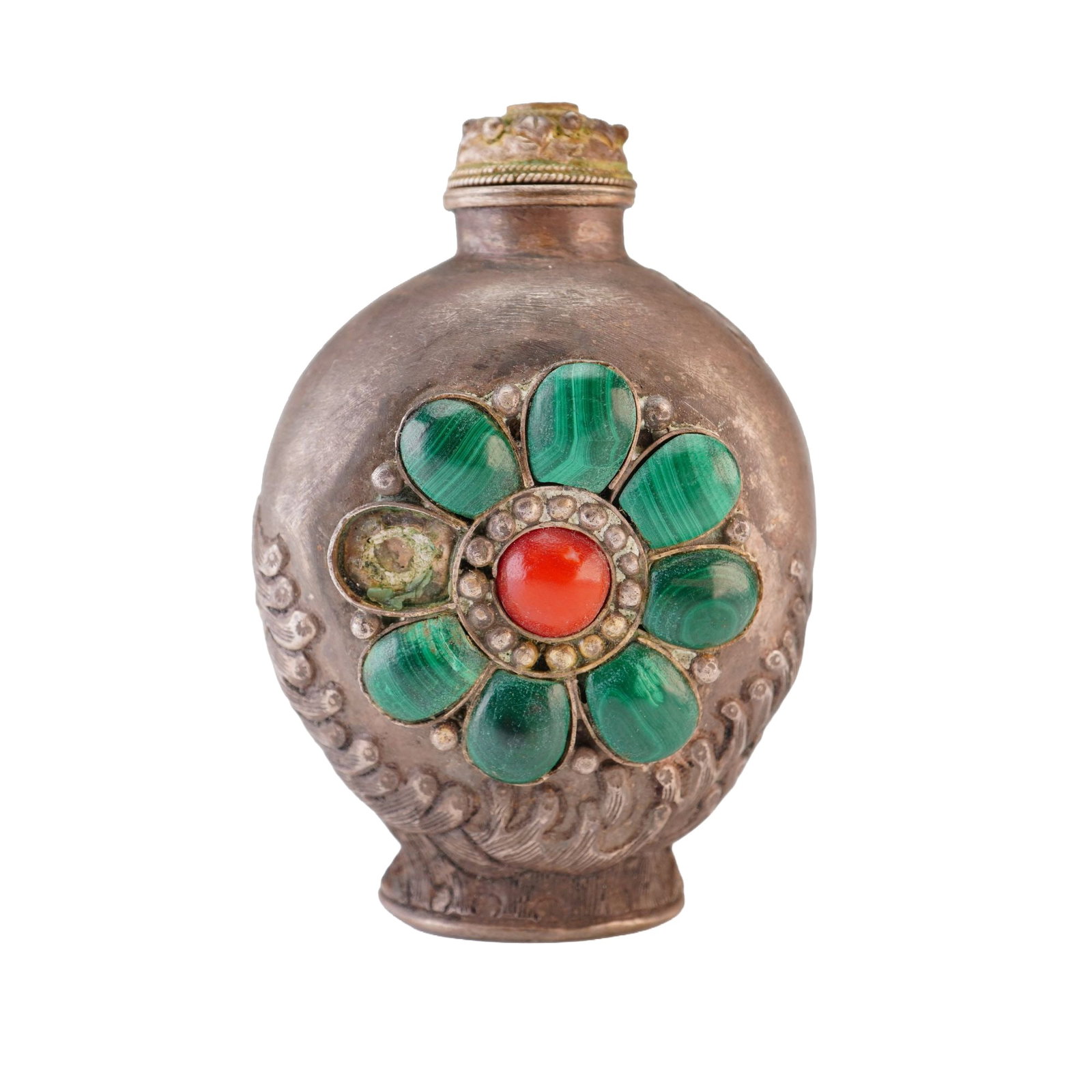 Mongolian Silver Repousse Snuff Bottle, Flower, Dragon Bird in Waves: A Mongolian silver repousse snuff bottle with stopper, featuring a dragon-bird figure amid waves on one side and a floral design on the other, embellished with malachite and coral stones. Dimensions: 