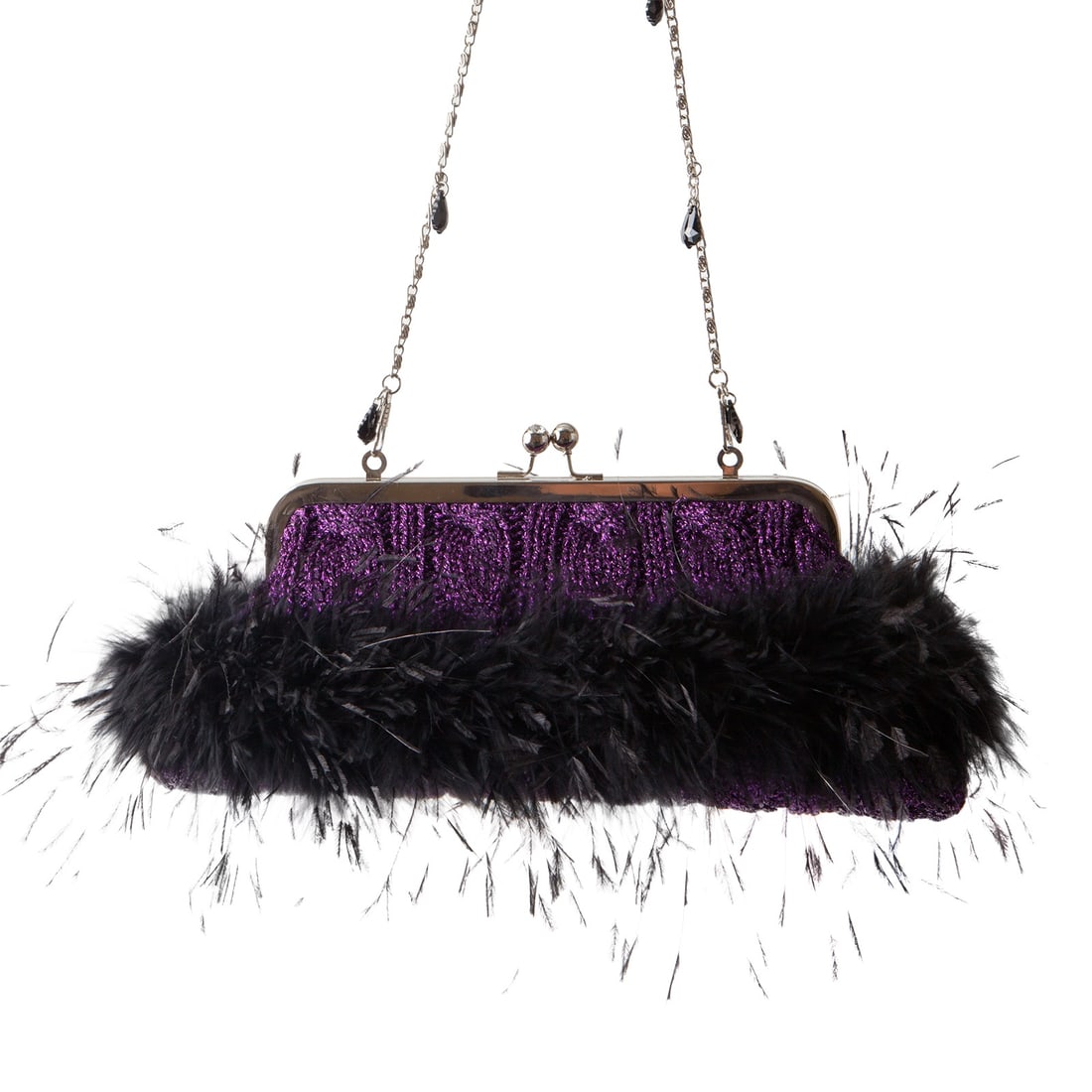 Irene Marie Angel Bag, Jenn Precious Petite Evening: One-of-a-kind, unique creation, a couture purple lurex cable knit Precious evening bag with black Marabou and Ostrich feathers and jet black teardrop crystal handle. Lined in purple satin rayon with a