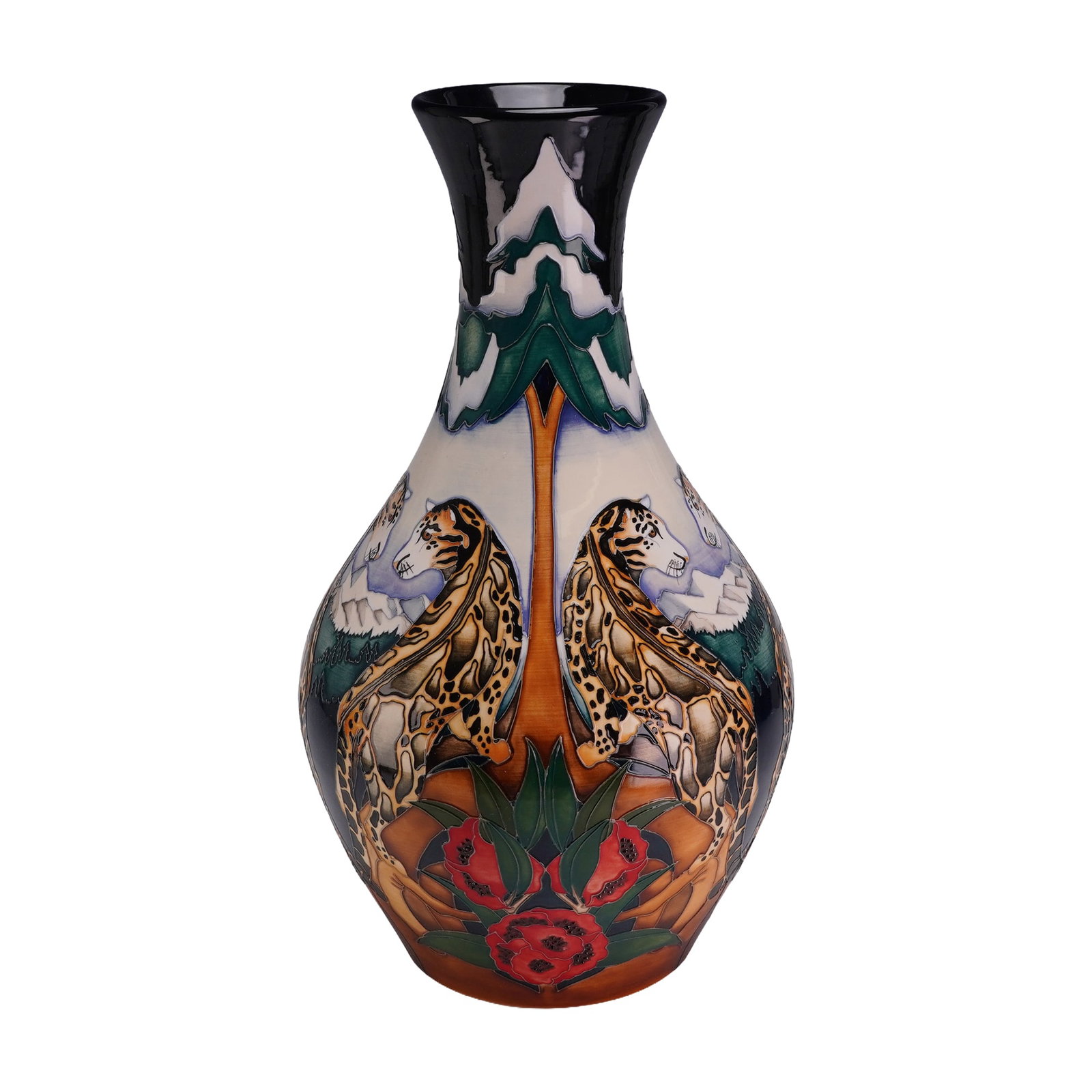 Moorcroft Pottery by Kerry Goodwin Limited Edition Vase 2013, Snow Leopard: This earthenware vase is a product of Moorcroft Pottery, designed by Kerry Goodwin. The piece features the Snow Leopard pattern, depicting a symmetrical animal scene of leopards set within a dramatic 