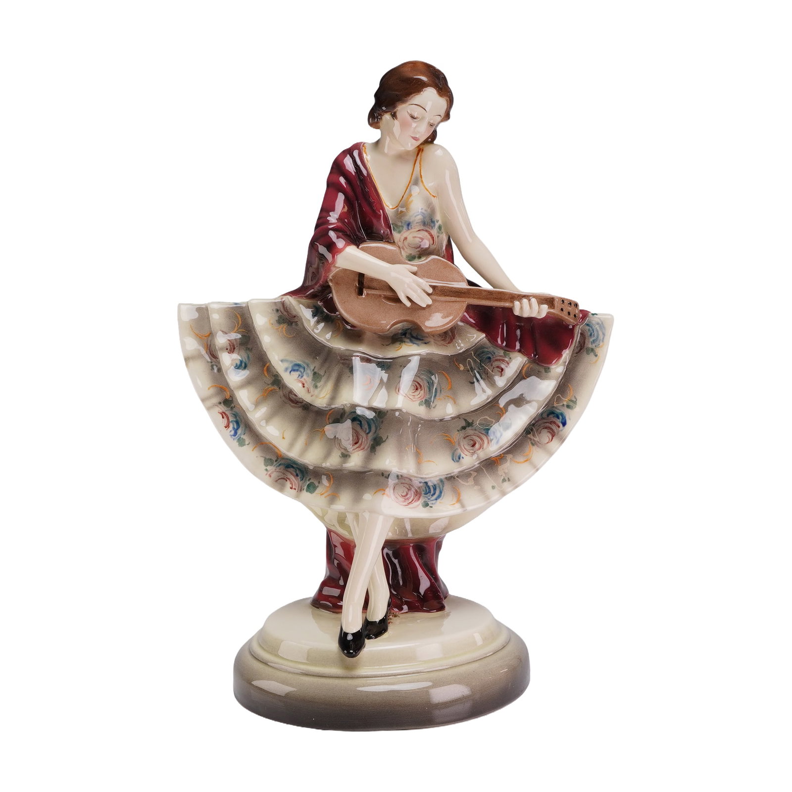 Josef Lorenzl for Goldscheider Porcelain Sculptural Lamp Base, Woman with Guitar: This Art Deco sculptural lamp base was designed by Josef Lorenzl for the Friedrich Goldscheider manufactory in Vienna, Austria, circa 1930. The polychrome glazed porcelain figure depicts a female musi
