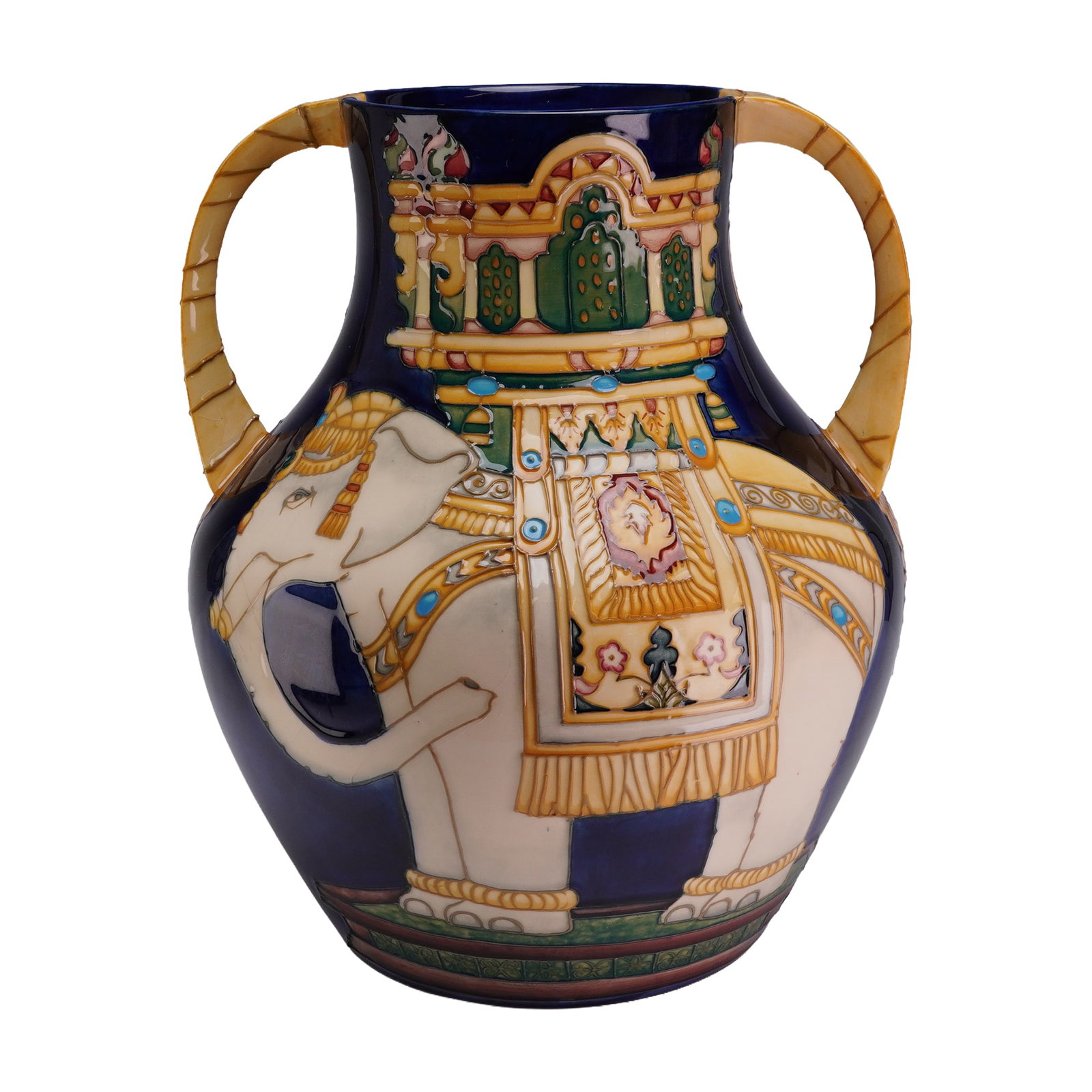Moorcroft Pottery Limited Edition Thomas Goode Elephants Double Handle Vase: A Moorcroft Pottery limited edition earthenware art pottery vase produced circa 1989 to celebrate the centenary of the Thomas Goode Elephants. This large double handle vessel features a bulbous body