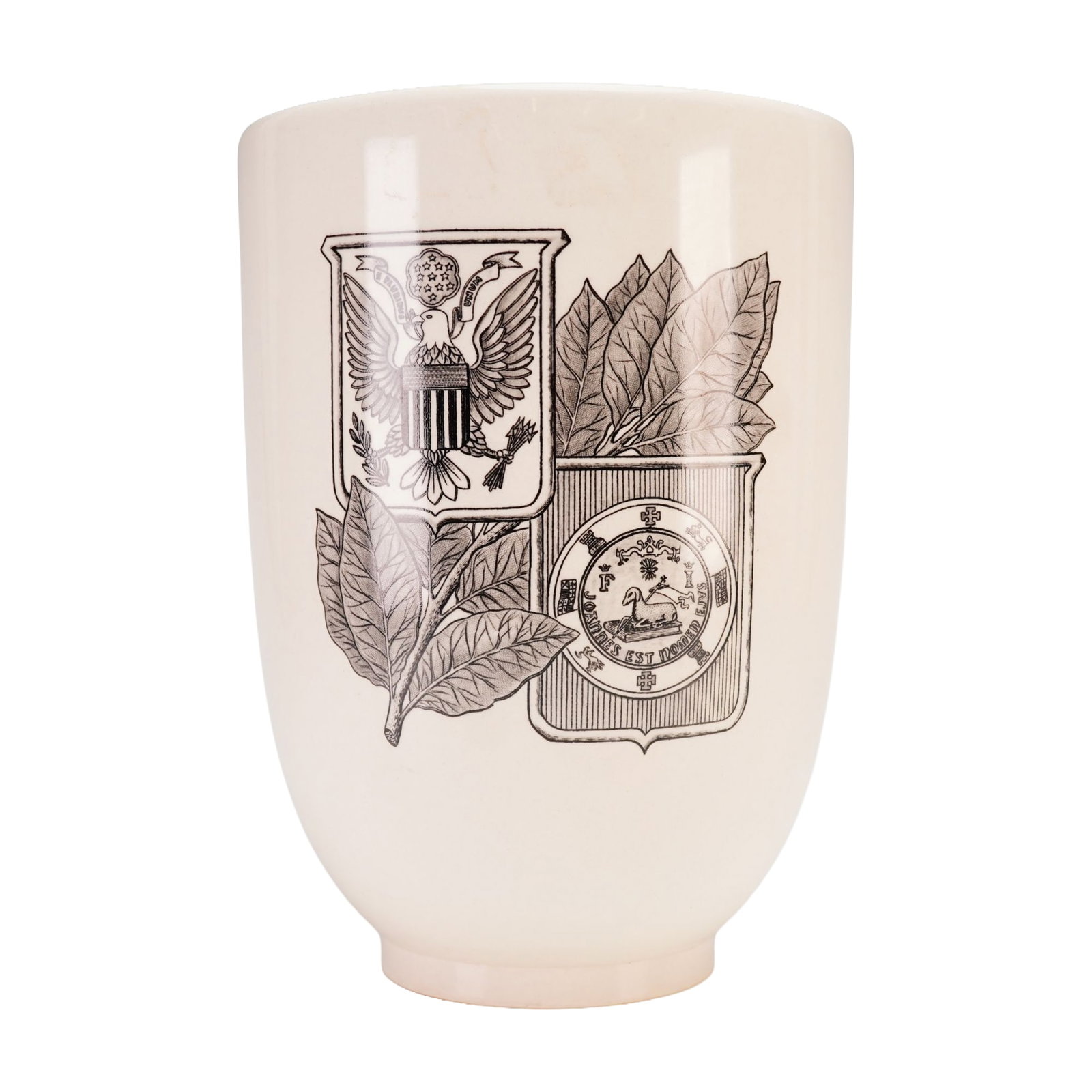 Wedgwood Creamware Vase Commissioned by Consolidated Cigar Company Shape 4220: This mid-20th-century Wedgwood creamware ceramic vase, shape 4220, was commissioned by the Consolidated Cigar Company circa 1960. The tapered cylindrical vessel features black transfer-printed