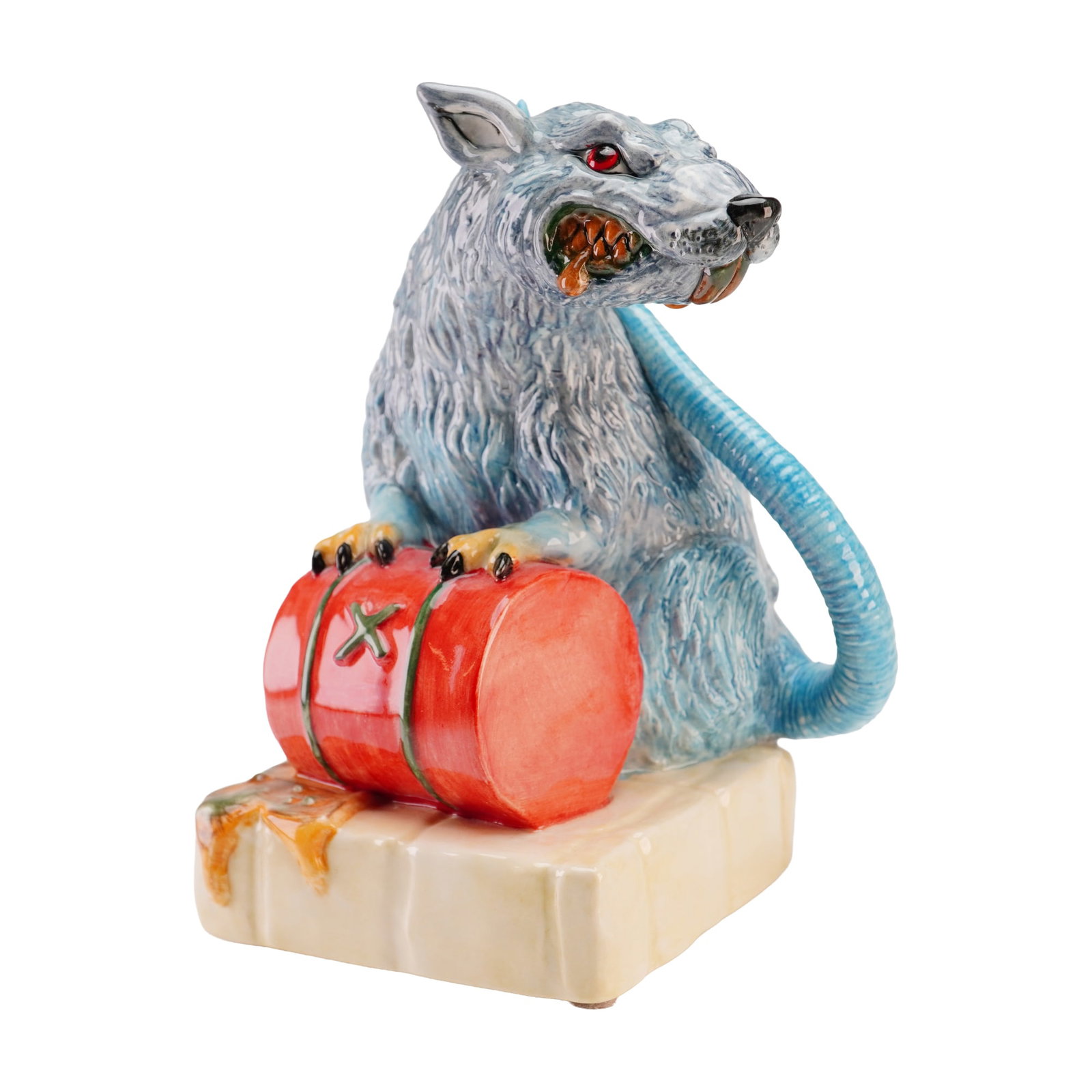 Kevin Francis Street Art Banksy Toxic Rat Artist Edition Ceramic Figure: This lot features a Kevin Francis artist's edition hand-painted glazed ceramic figure from the Street Art series, titled Toxic Rat. The piece depicts a stylized, aggressive rat with blue-gray fur, red