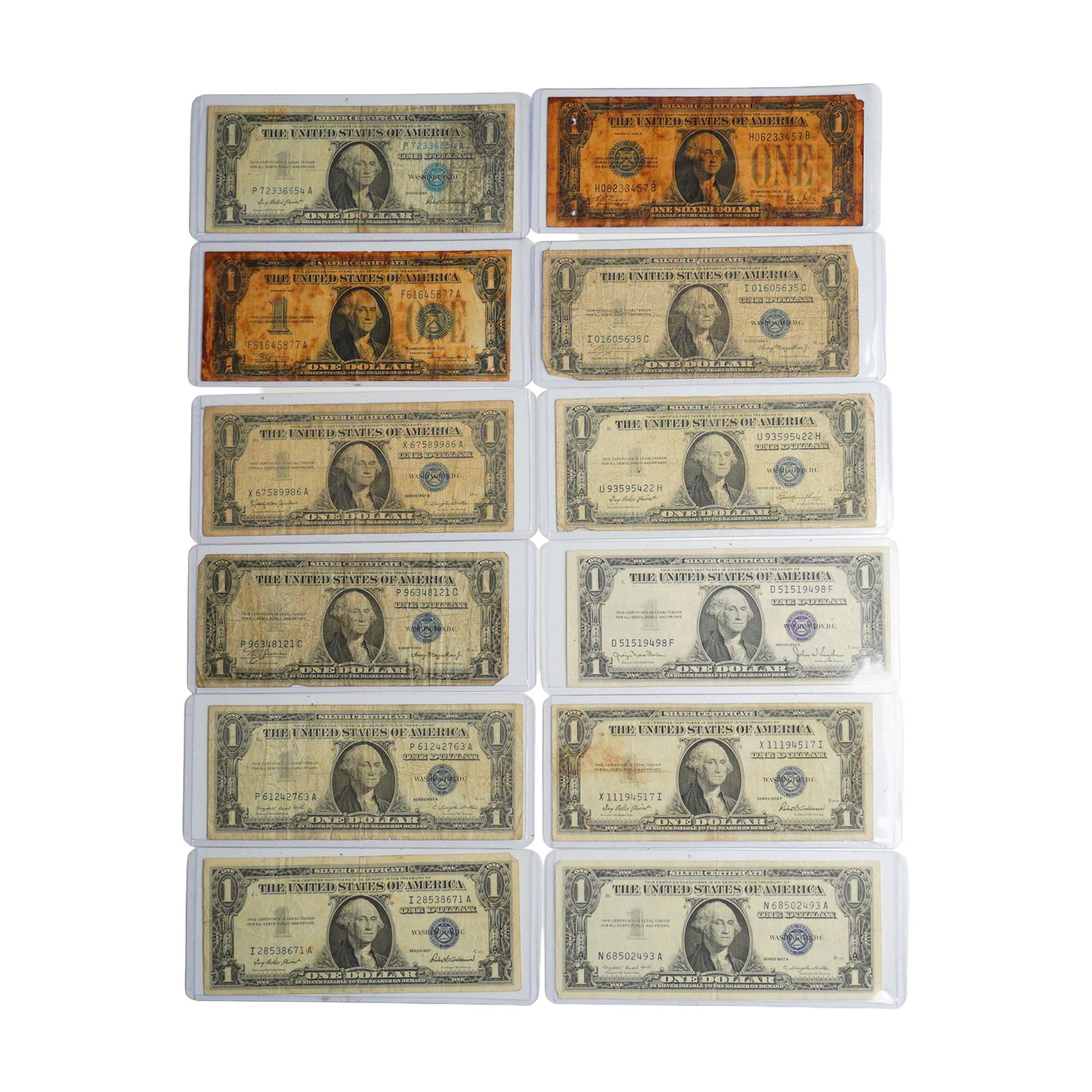 Twelve 1928 - 1957 US One Dollar Silver Certificate Bills (1 of 2)