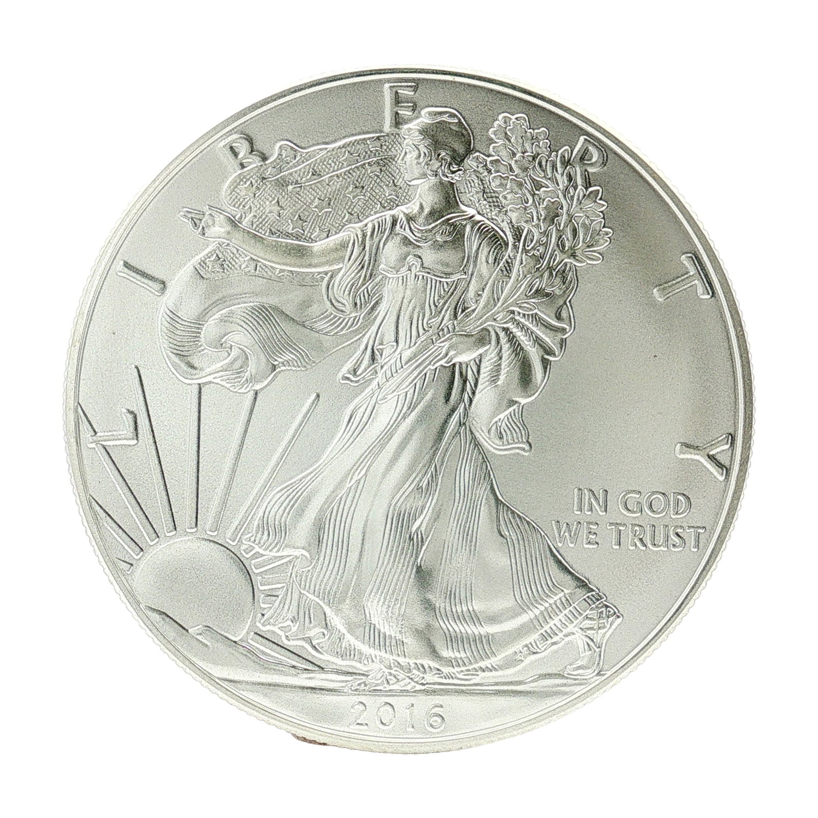 2016 U.S. American Silver Eagle One Dollar Coin: Designed with Obverse of Walking Liberty with Liberty in God We Trust 2016; reverse has heraldic eagle with shield, United States of America with 1oz. Fine Silver One Dollar. Dimensions: 40.6mm Date o