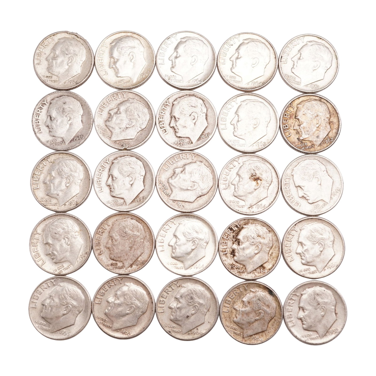 Lot of 25 Loose Roosevelt 90% Silver Dimes, Circulated: Obverse portrait in left profile of Franklin D. Roosevelt, the 32nd President of the United States from 1933 to his death in 1945, is accompanied with the motto: "IN GOD WE TRUST" and surrounded with