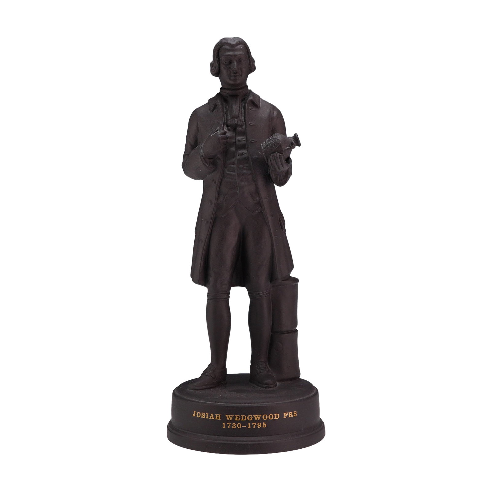 Wedgwood Limited Edition Black Basalt Figurine of Josiah Wedgwood: A Wedgwood black basalt stoneware figurine depicting the firm's founder, Josiah Wedgwood FRS (1730-1795). The full-length standing figure is portrayed in late 18th-century attire, including a frock