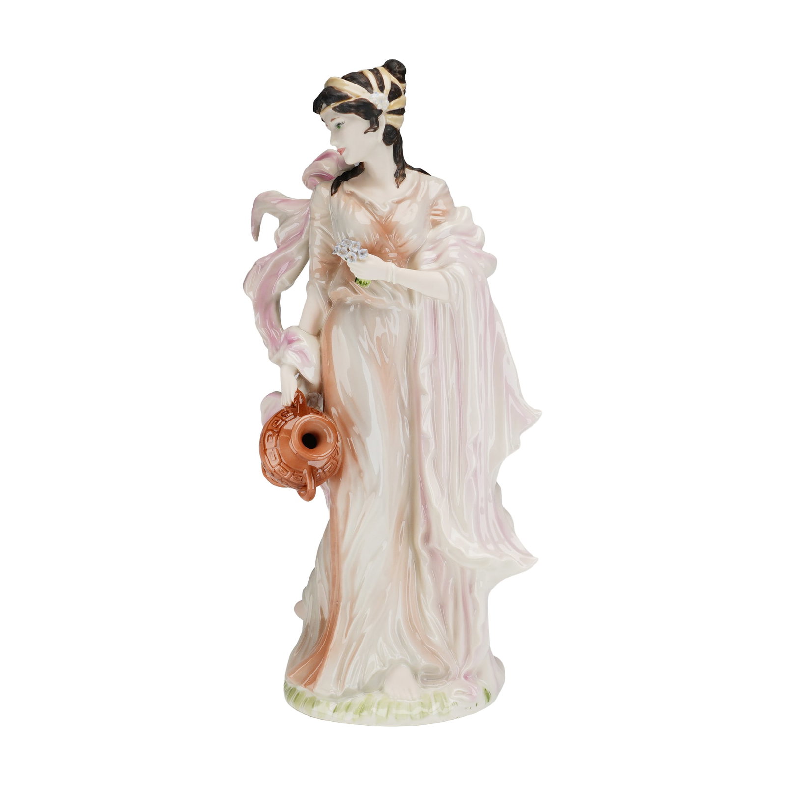 Wedgwood Winsome Porcelain Figurine by Jenny Oliver: This hand-decorated porcelain figurine, titled Winsome, is part of The Classical Collection by Wedgwood. The figure depicts a woman dressed in a flowing classical-style gown of pale pink and white