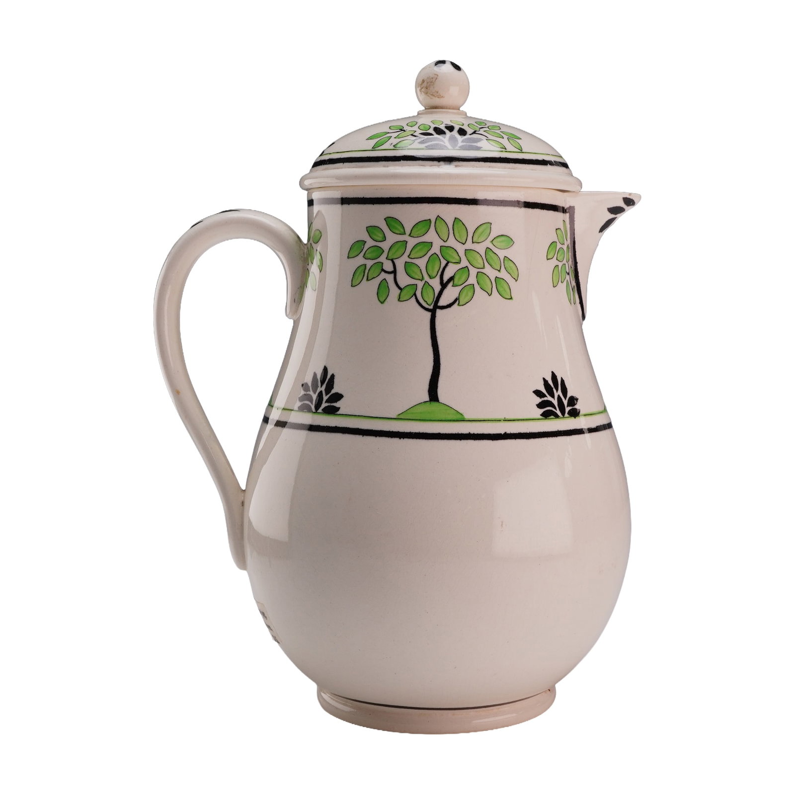 Wedgwood Hand-Painted Queensware Lidded Jug, Arbor Pattern Circa 1930: This Wedgwood Arbor pattern covered jug is a piece of Queensware, also known as creamware, produced at the Etruria factory in England. Dating to approximately 1930, the piece demonstrates a high Art D