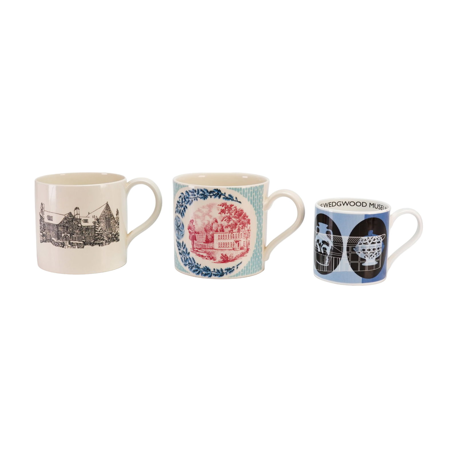 Three Wedgwood Commemorative Earthenware and Bone China Mugs: A set of three Wedgwood commemorative mugs marking various milestones in the company history, including provenance from the Ellis Rubin collection. The first mug celebrates the 25th Anniversary of the