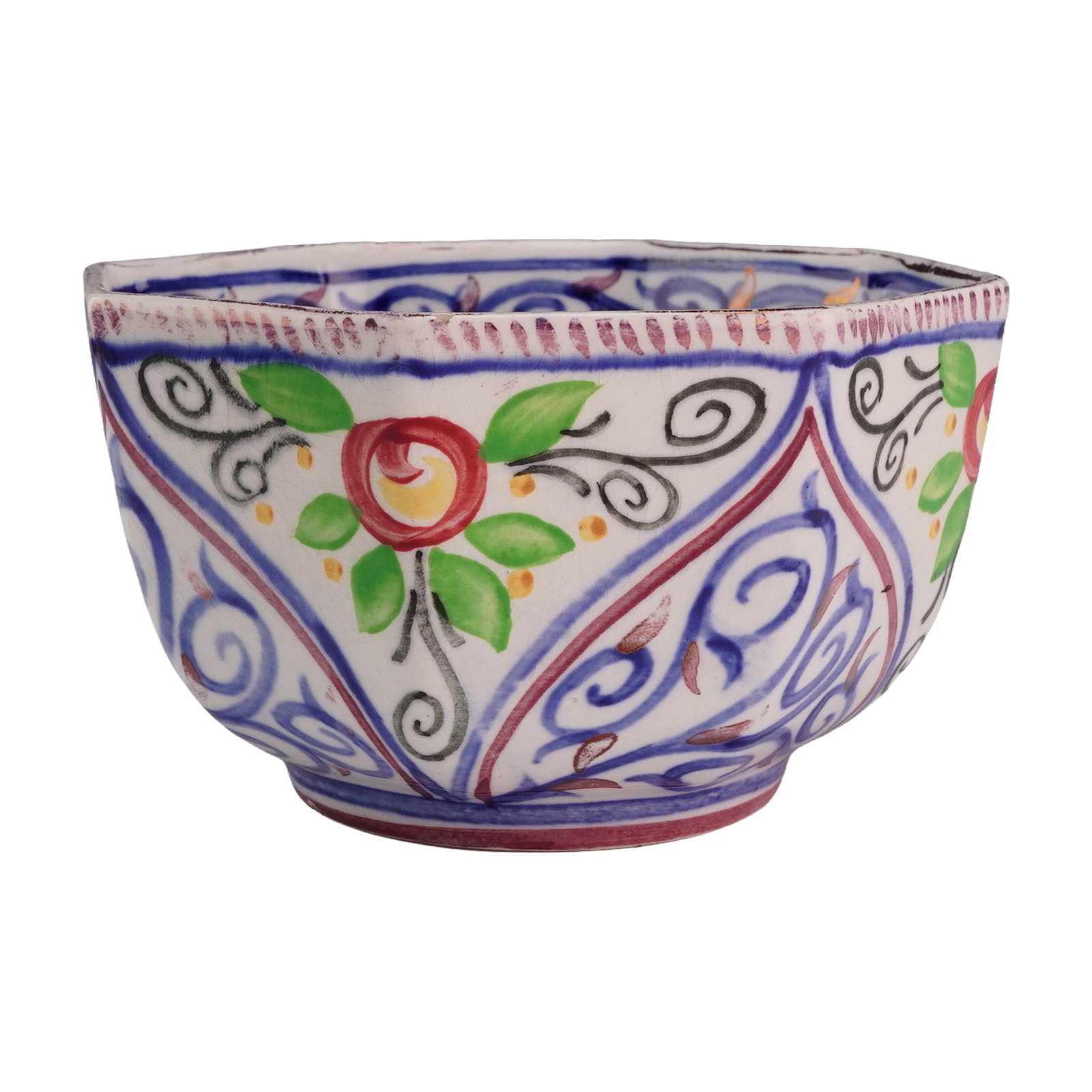 Wedgwood Hand Painted Earthenware Octagonal Cup, Floral: This Wedgwood porcelain cup features an octagonal form and is decorated with a hand painted floral pattern. The exterior sides are divided into panels that alternate between a red rose motif with gree