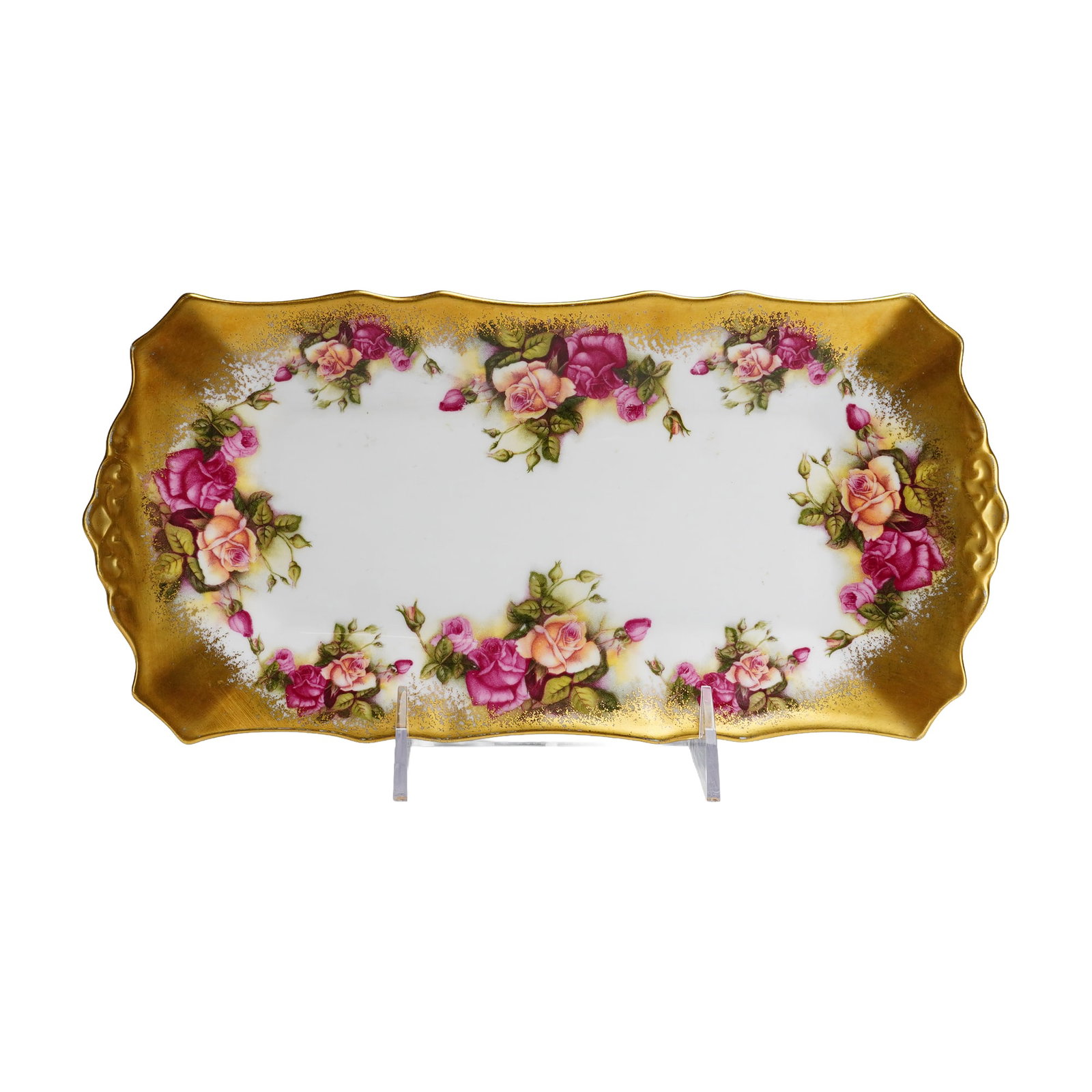 Wedgwood Royal Chelsea Bone China Platter, Golden Rose: This Wedgwood Royal Chelsea Bone China platter in the Golden Rose pattern is square in form with gently wavy edges. The border is finished with a broad gilt band surrounding a white center field. The 