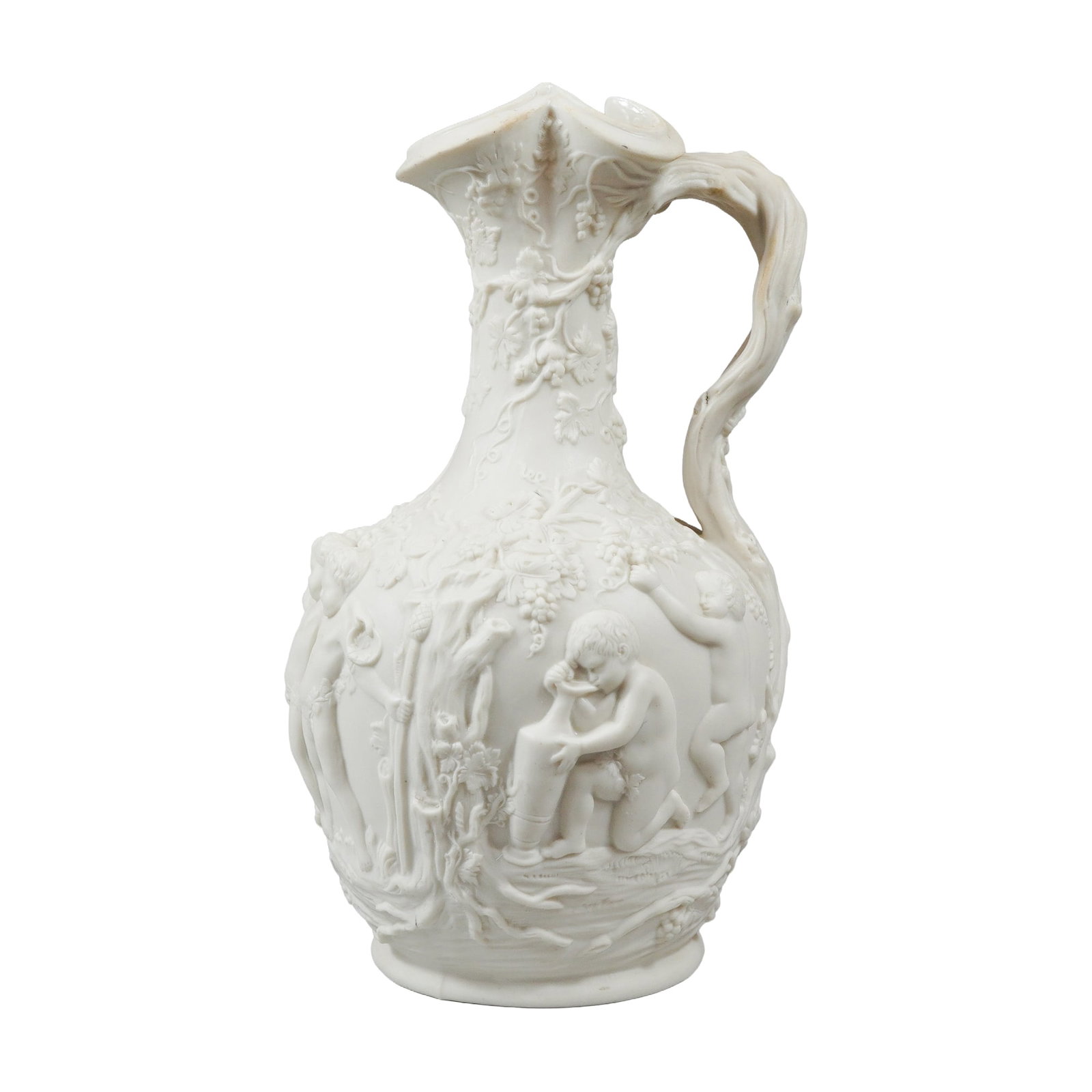 Copeland The Vintage Heavy Relief Parian Claret Jug: A Parian porcelain jug produced by Copeland, featuring the relief-molded The Vintage pattern. The vessel is constructed with an ovoid body, a cylindrical neck tapering to a trilobed spout, and an elab