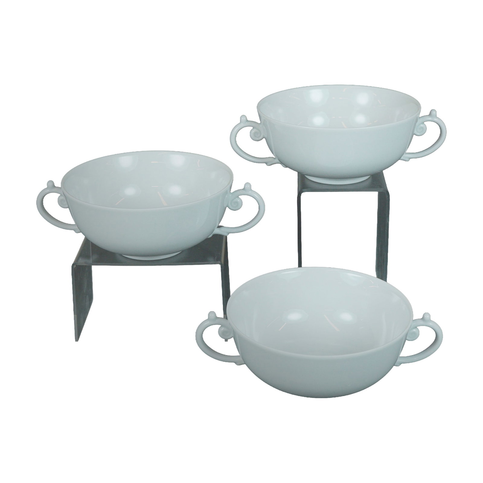 3pc L'Objet Double Handle Porcelain Soup Bowls, Aegean White: A trio of three L'Objet Aegean double handle soup bowls featuring white porcelain construction and marked with the L'Objet backstamp. Dimensions: 7.75"L x 6.00"W x 2.50"H Weight: 2.11 lb