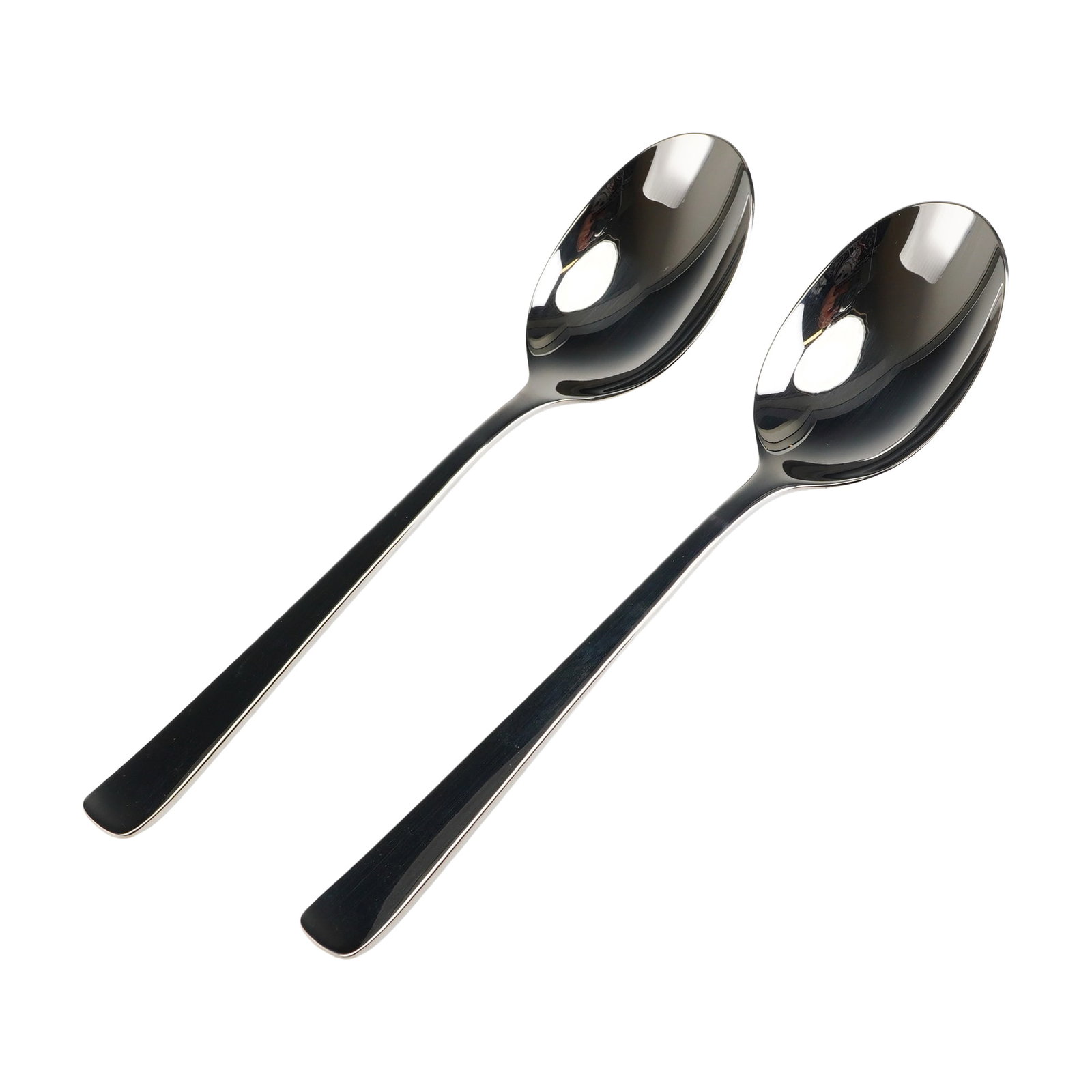 2pc Robbe & Berking Stainless Steel Serving Spoons: These items exhibit a contemporary, minimalist design with long, slender handles and deep oval bowls, suitable for use as soup or bouillon spoons. The material is identified as polished stainless stee