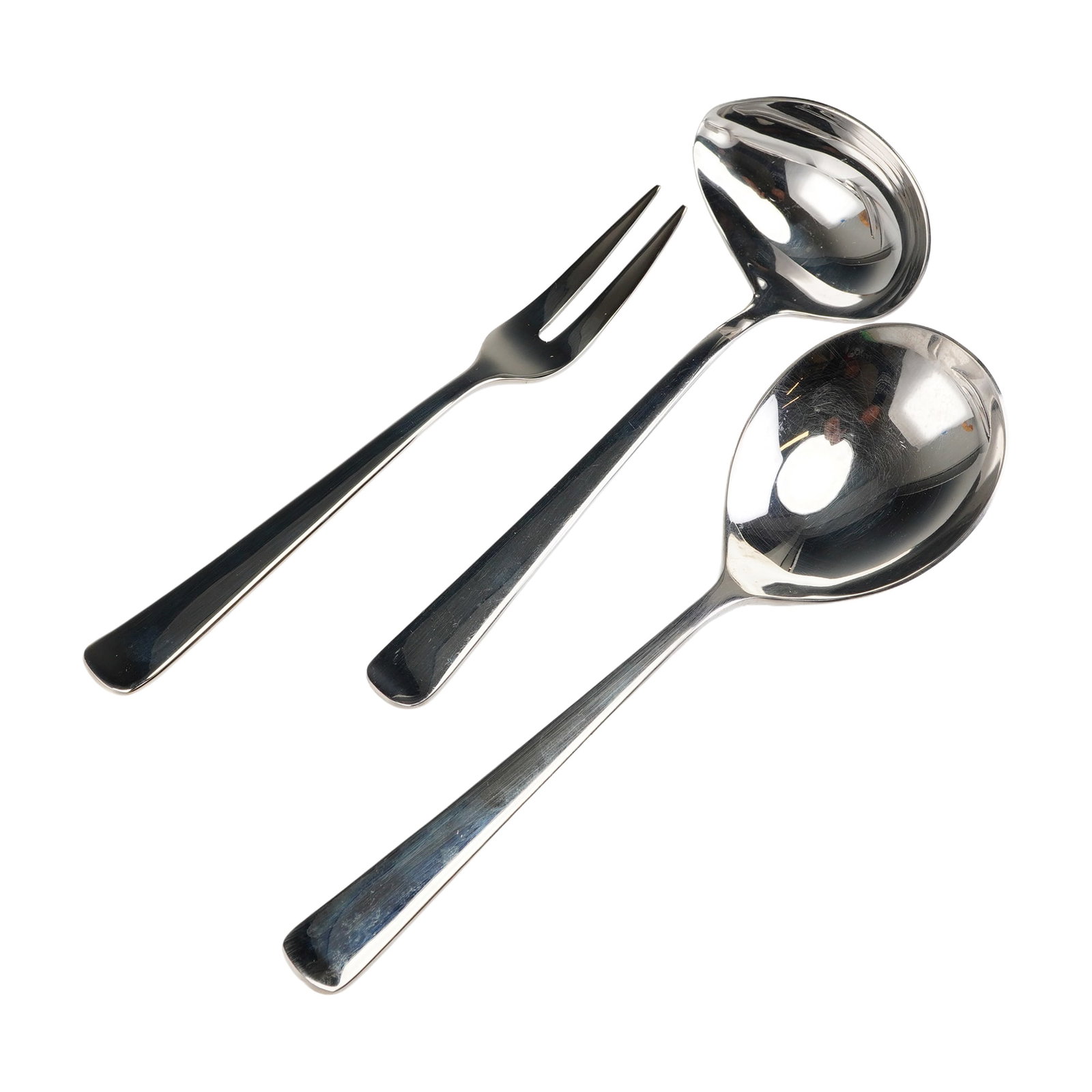 3pc Robbe & Berking Stainless Steel Serving Utensils: Three modern stainless steel serving utensils executed in a minimalist style featuring long, smooth, and tapered handles. The collection consists of three distinct pieces: one large oval serving spoon
