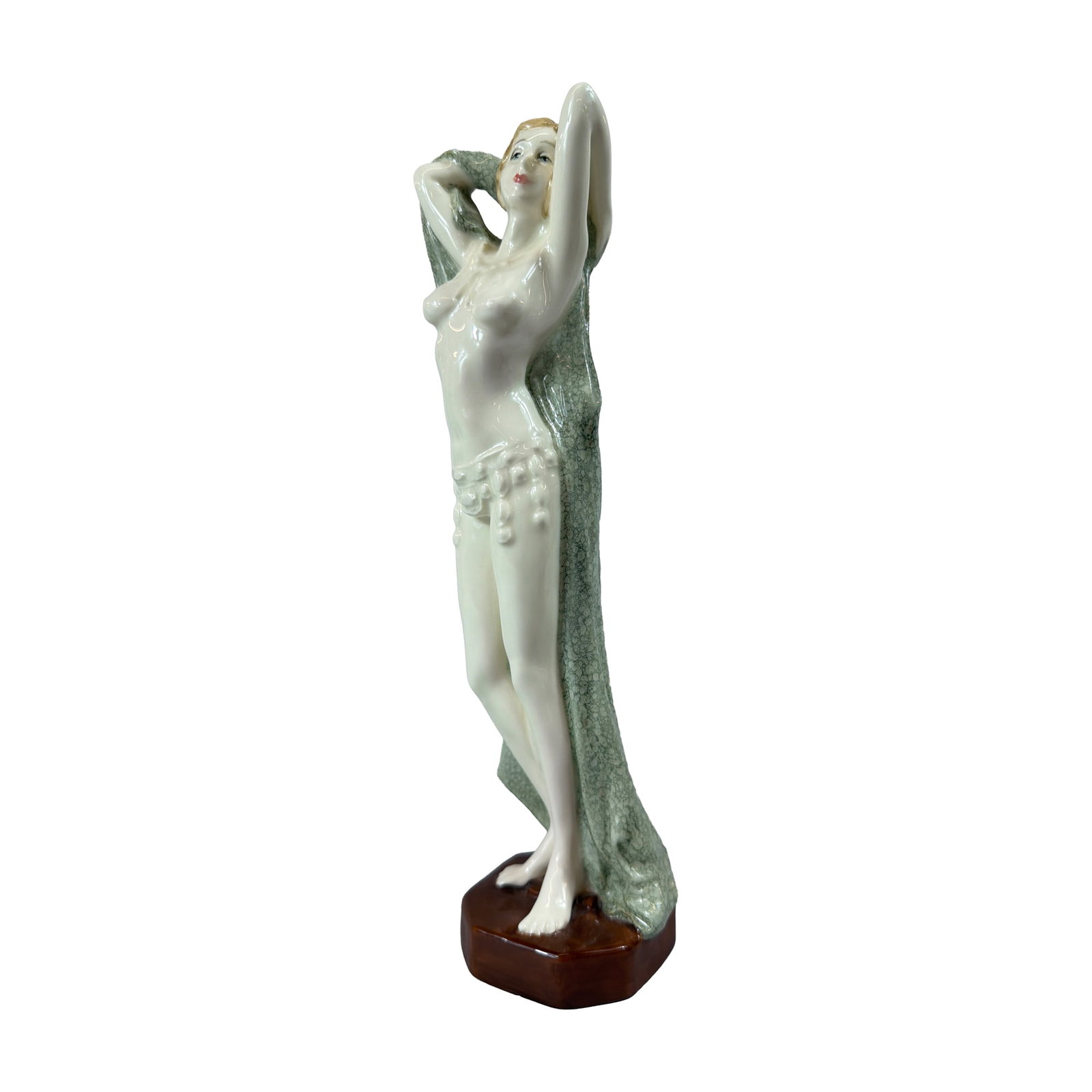 Royal Doulton Archives Felicity HN 4354 Artists Copy Figurine, Signed: Royal Doulton glazed bone china figurine titled Felicity, model HN 4354, from the Royal Doulton Archives collection. The Art Deco style figure depicts a semi-nude female form stretching with arms rais