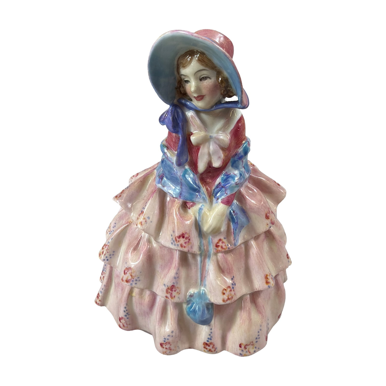 Royal Doulton Bone China Figurine Hazel HN 1797: Royal Doulton bone china figurine titled Hazel, model number HN 1797, designed by Leslie Harradine. The figure depicts a woman in a pink tiered crinoline dress decorated with hand-painted floral spray